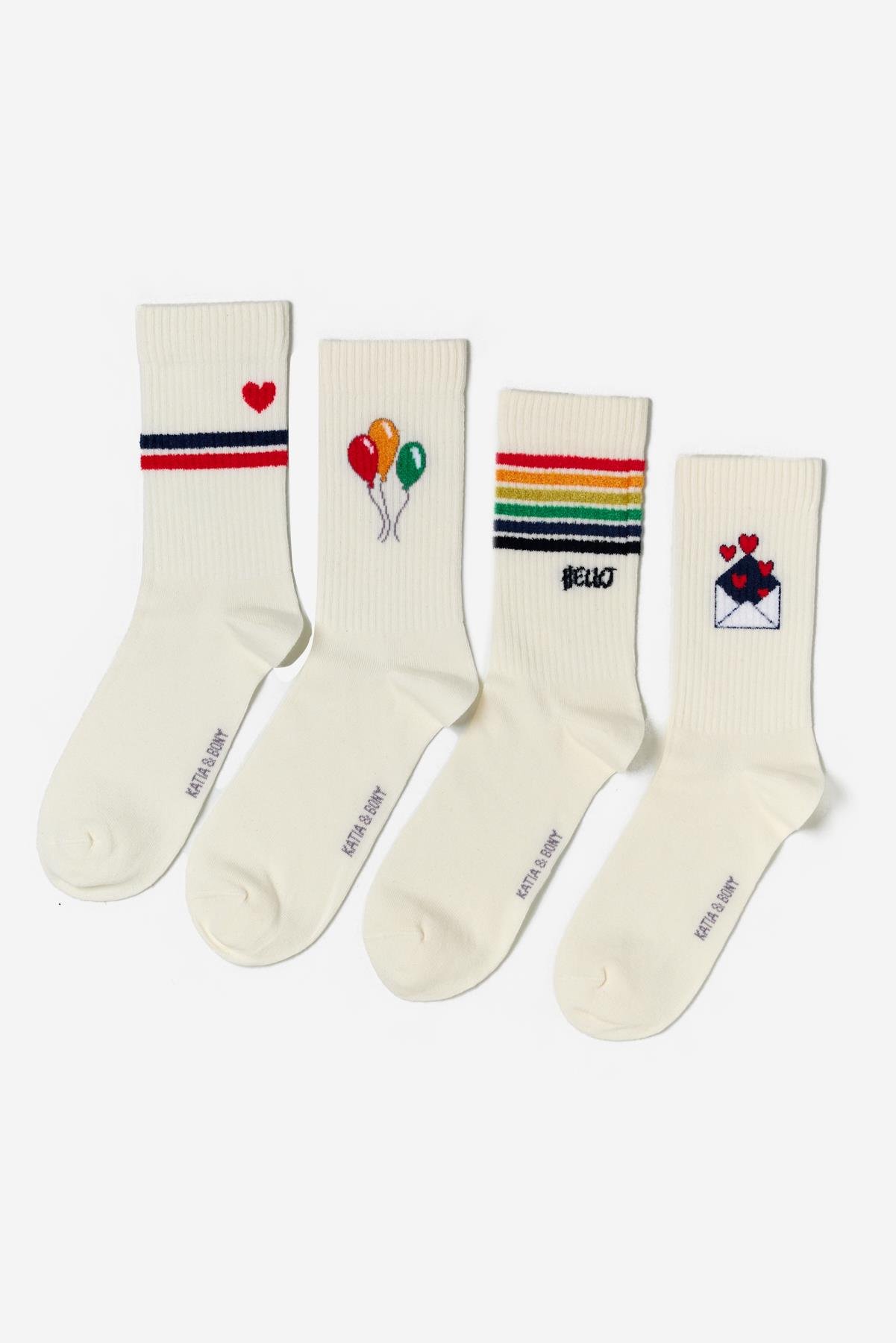 12501U2001 4PCK BASKILI UNISEX SOKET ÇORAP Beyaz Karışık