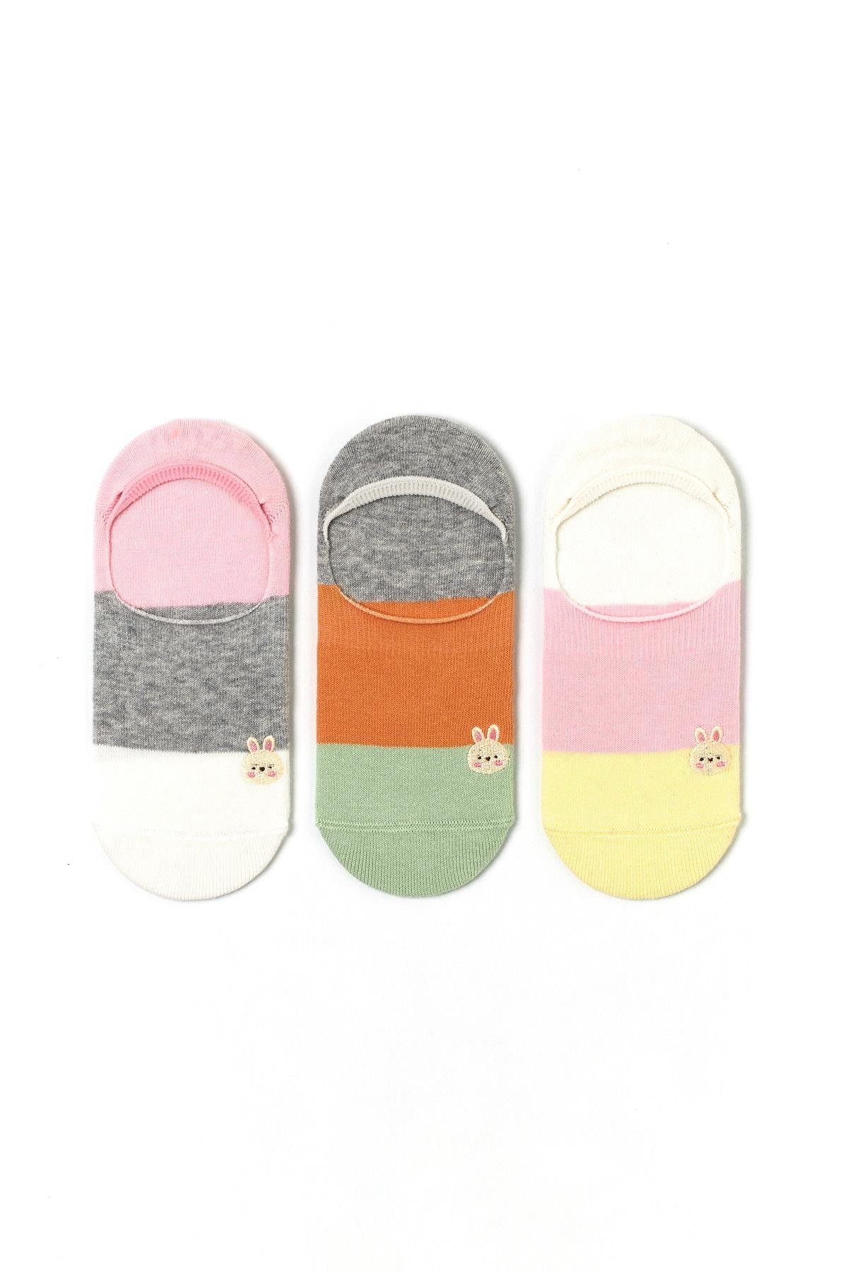 12501W3004 3PCK TAVŞAN BASKILI KADIN GÖRÜNMEZ ÇORAP ÇOK RENKLİ