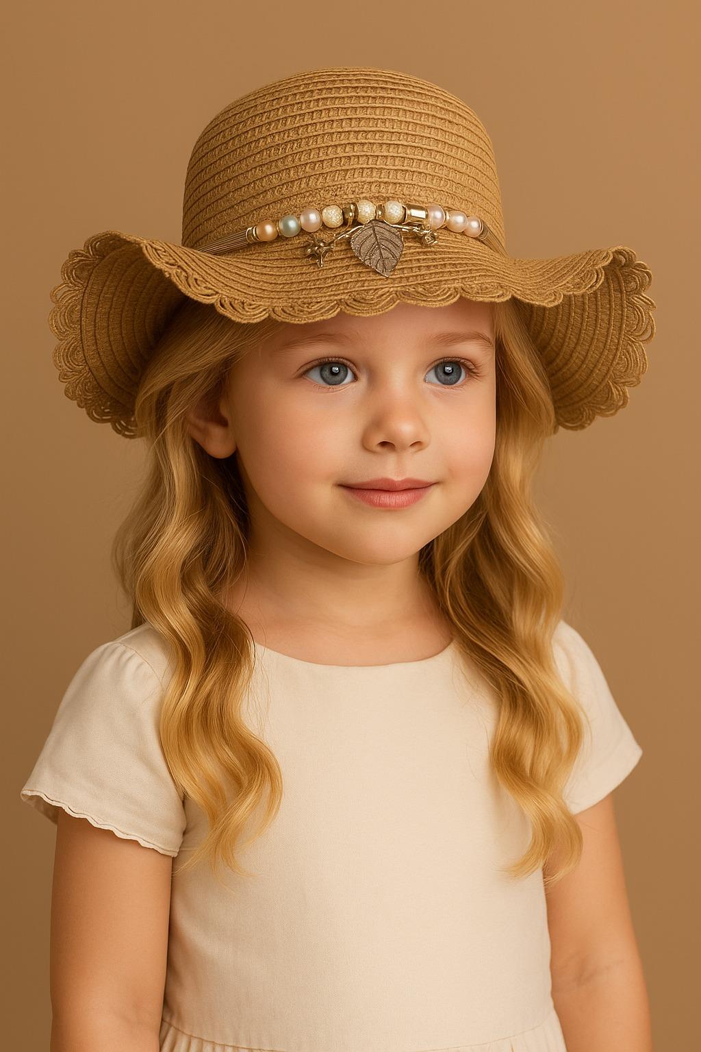 12505K5002 BONCUK AKSESUARLI ÇOCUK HASIR ŞAPKA KOYU BEJ