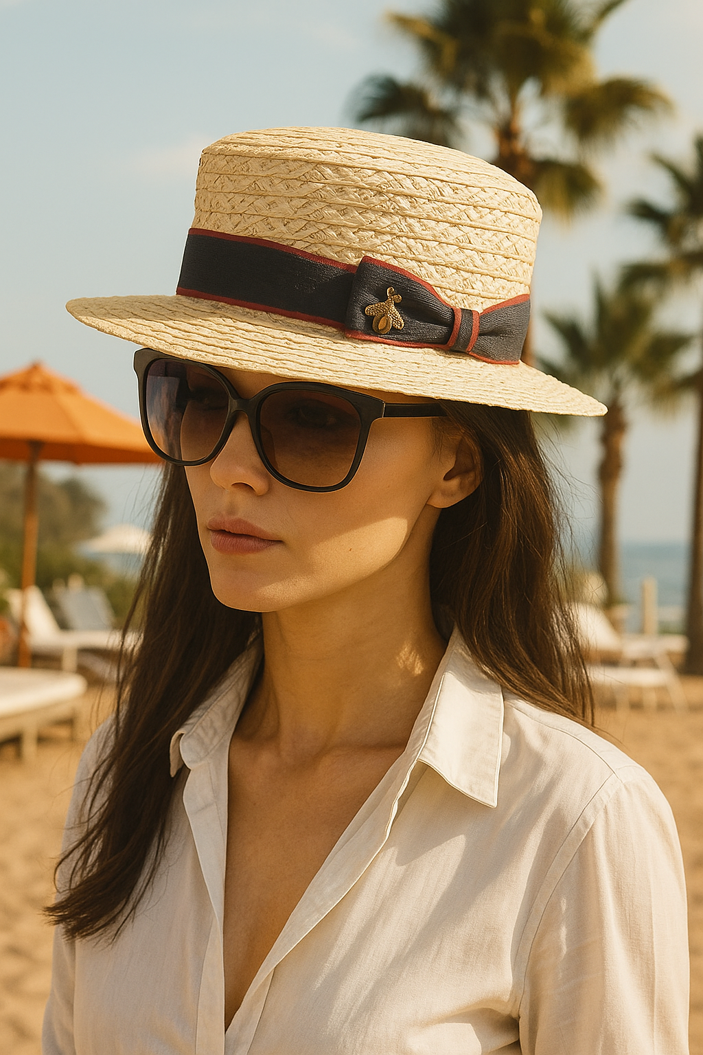 12505W5001 KURDELELİ KADIN HASIR ŞAPKA Bej