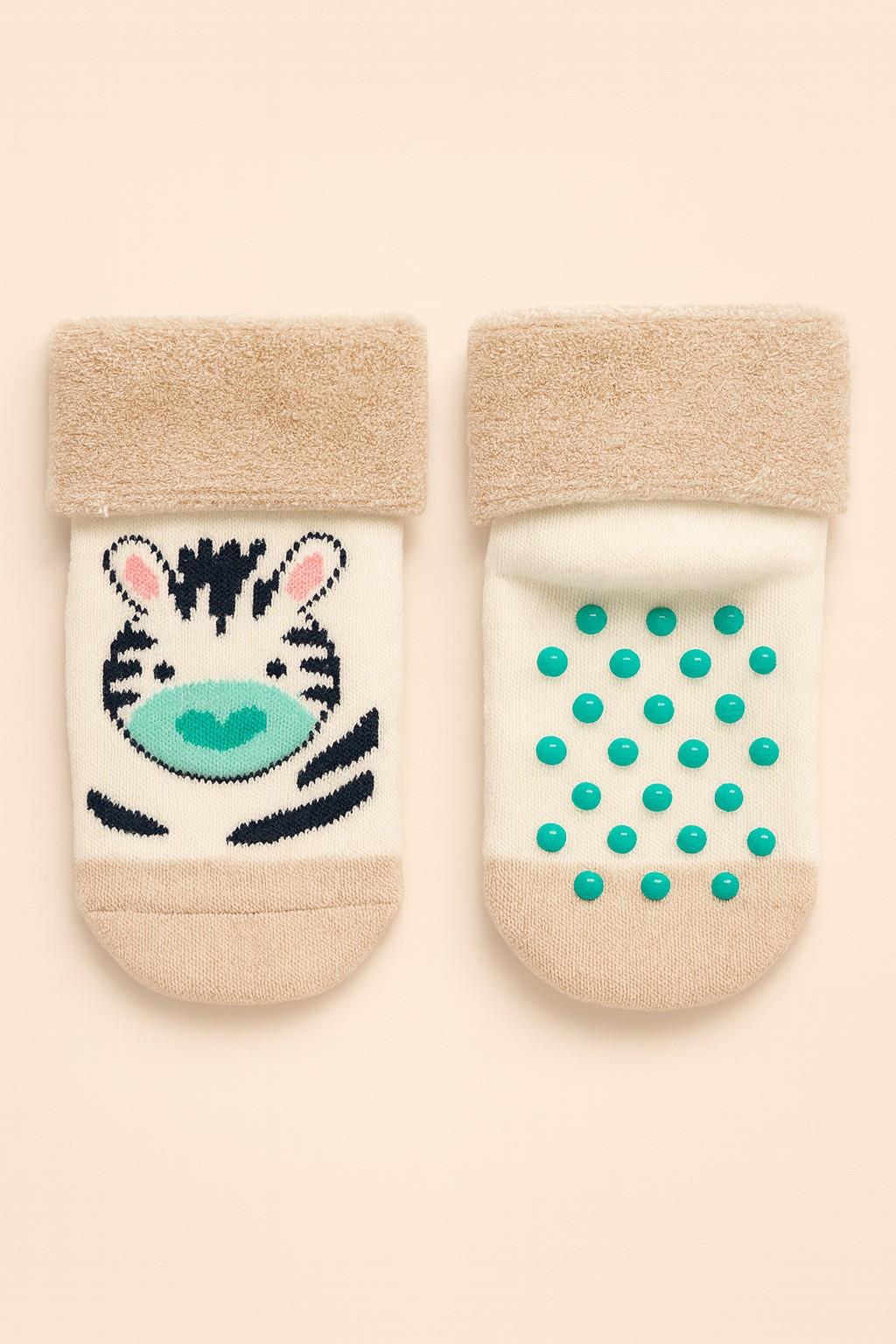 12601G1008 ZEBRA DESENLİ BEBEK HAVLU SOKET ÇORAP EKRU-KAHVE