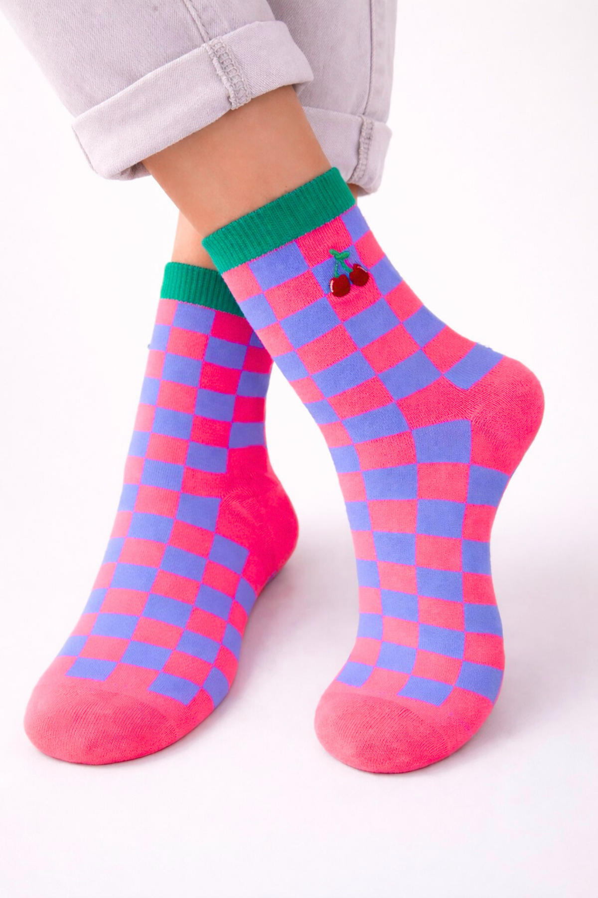 12601G3019 KİRAZ DESENLİ KADIN SOKET ÇORAP Pembe Desenli