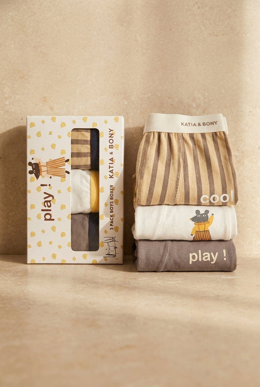 3Pck Mouse Patterned Boy's Boxer Wıth Box Brown