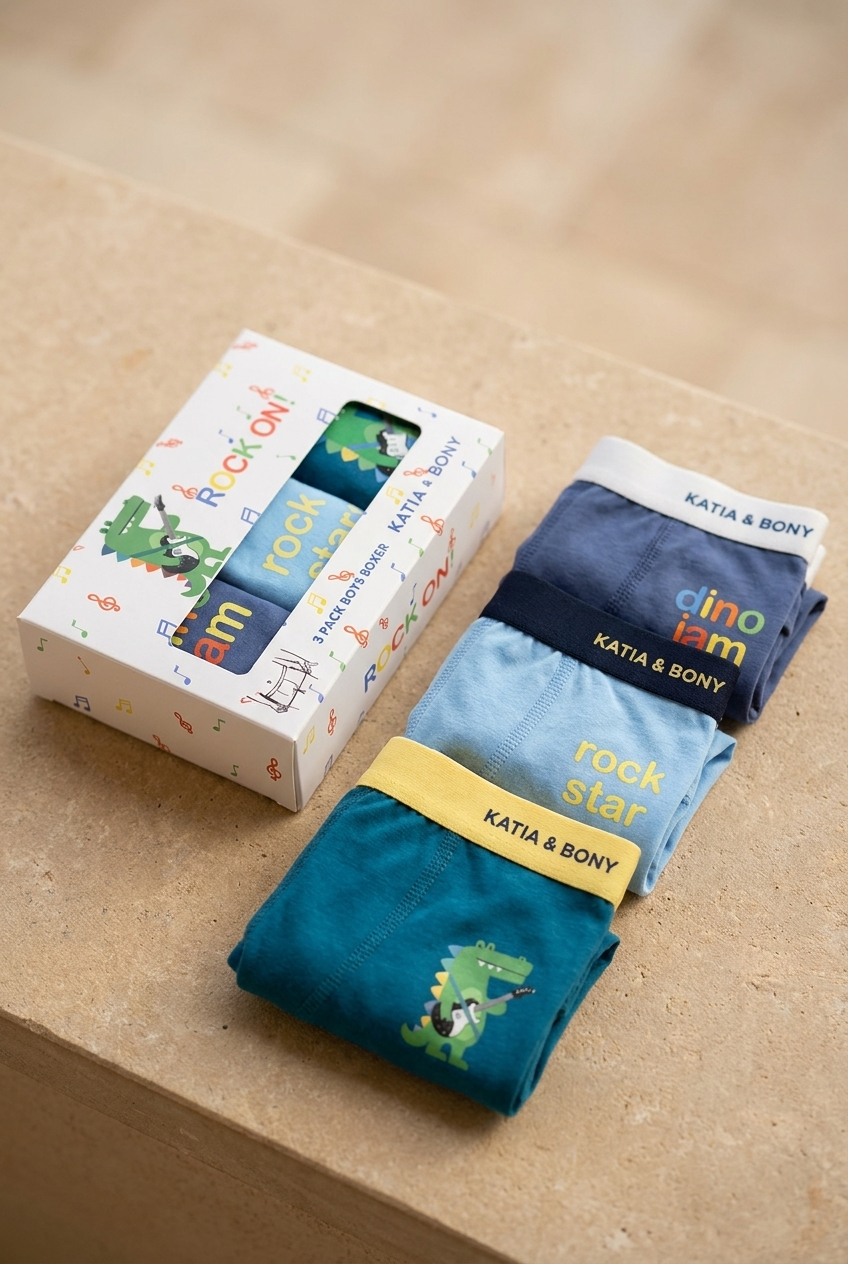 3Pck Crocodıle Patterned Boy's Boxer Wıth Box Blue
