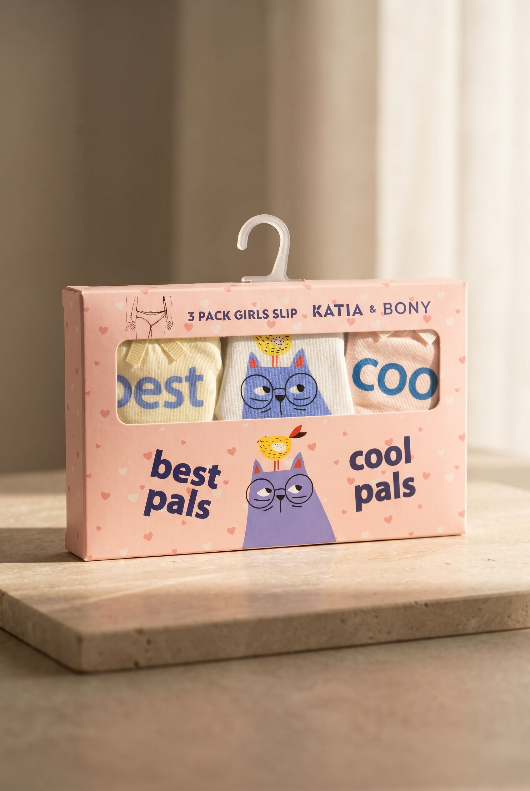 12603K3009 3PCK KEDİLİ KIZ ÇOCUK KUTULU SLİP Pembe