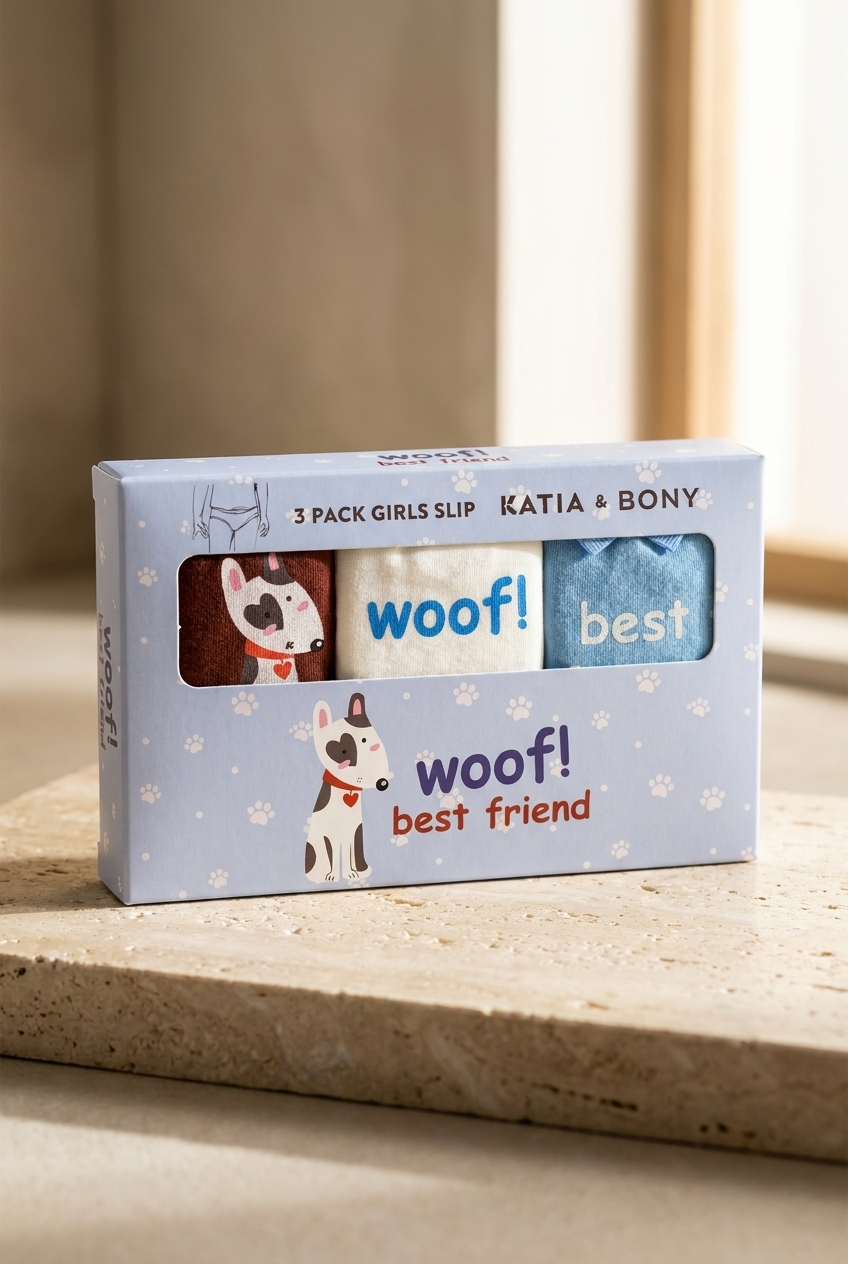 3Pck Dog Patterned Gırl's Slıp Wıth Box Red