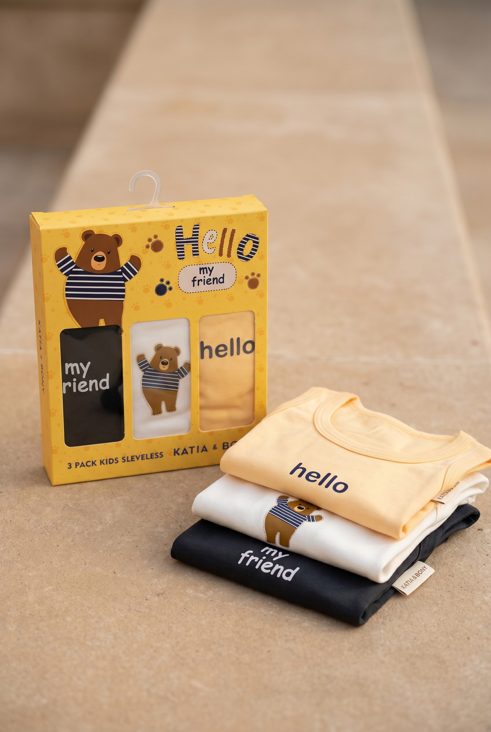 12603K3020 3PCK TEDDY ÇOCUK KUTULU ATLET Sarı