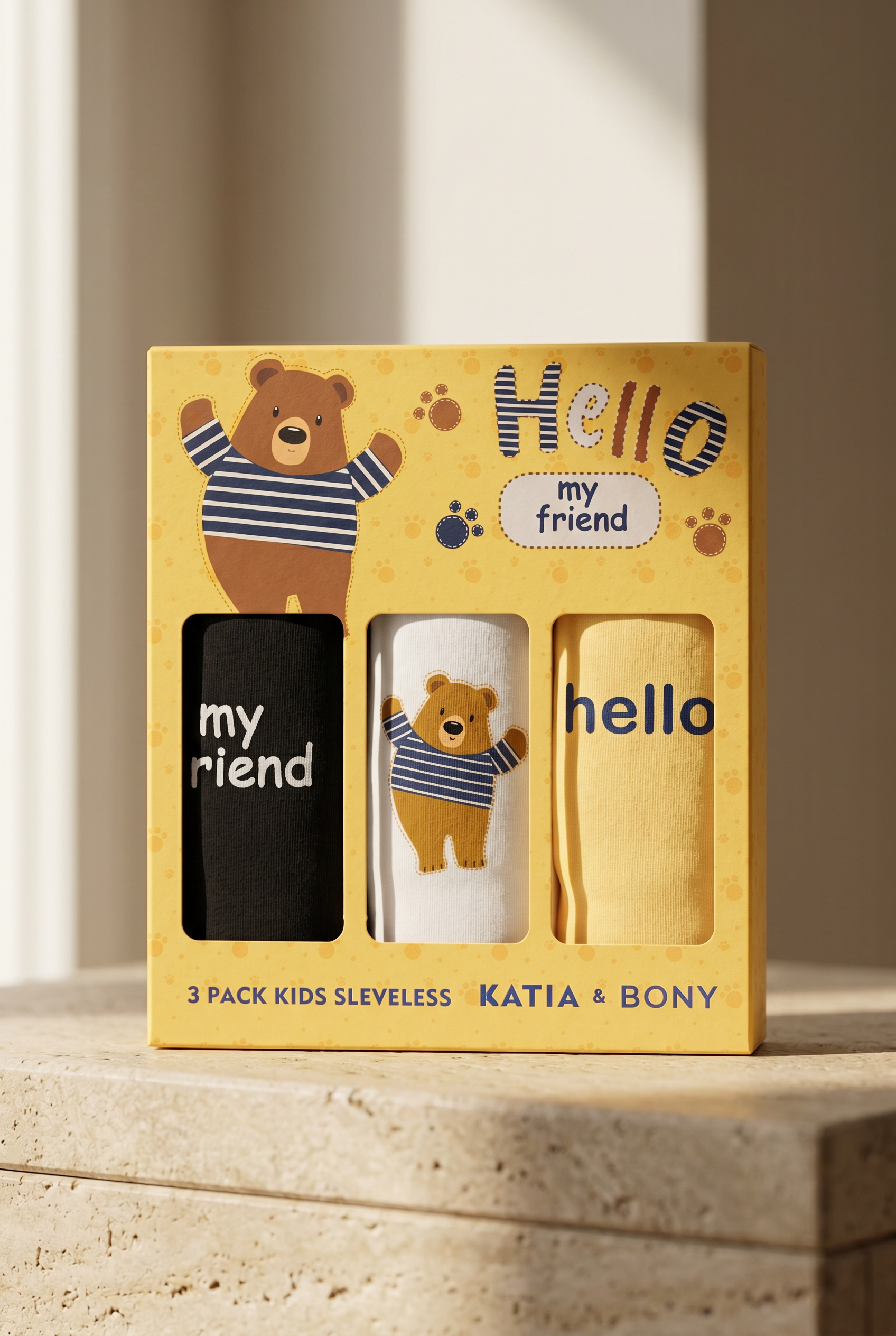 12603K3020 3PCK TEDDY ÇOCUK KUTULU ATLET Sarı