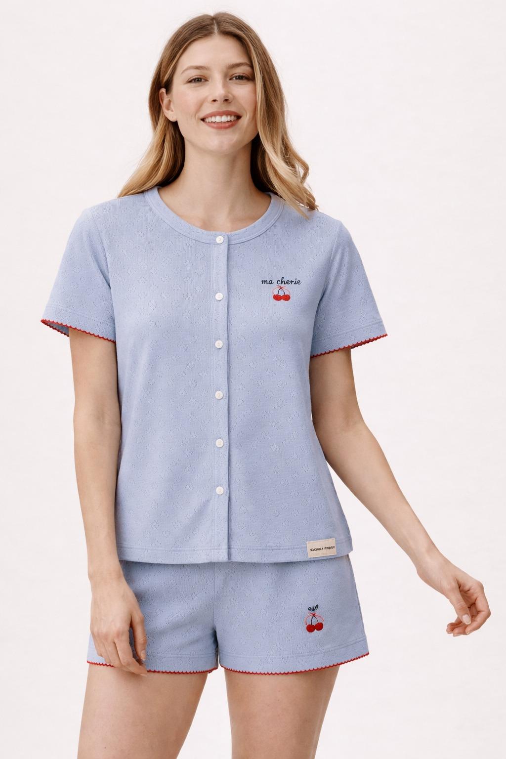 12612W3003 MEDITERRANEAN KİRAZLI KADIN ŞORT TAKIM MAVİ