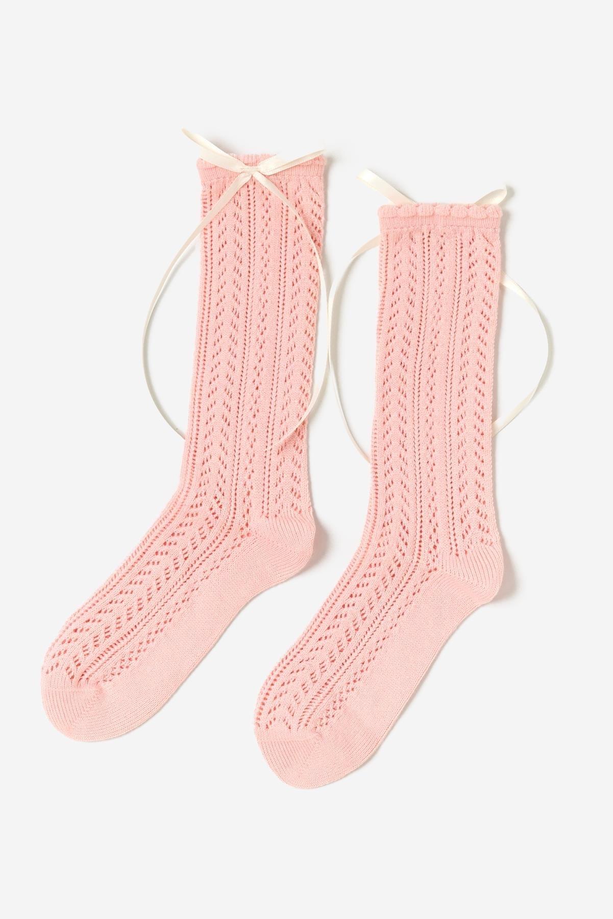 22401K2029 SATEN FİYONKLU TRİKO ÇOCUK SOKET ÇORAP Pembe