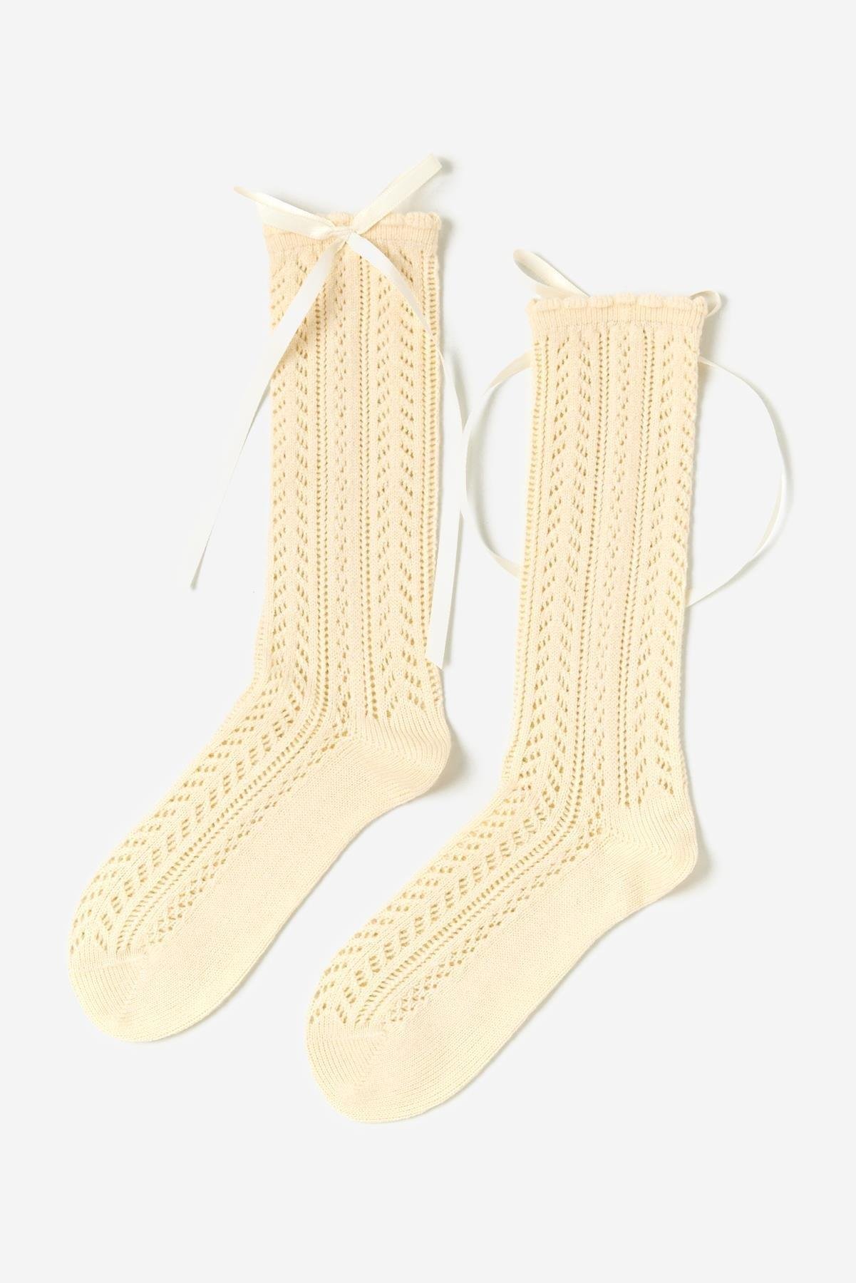 22401K2029 SATEN FİYONKLU TRİKO ÇOCUK SOKET ÇORAP Ekru