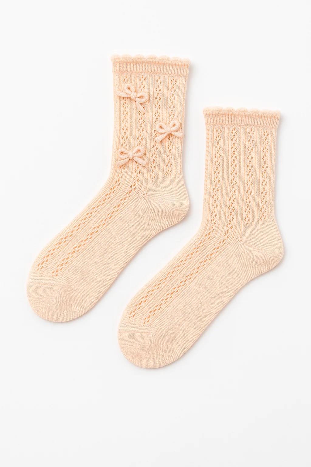 22401W3033 ÖRGÜ FİYONKLU DESENLİ TRİKO KADIN ÇORAP Ekru