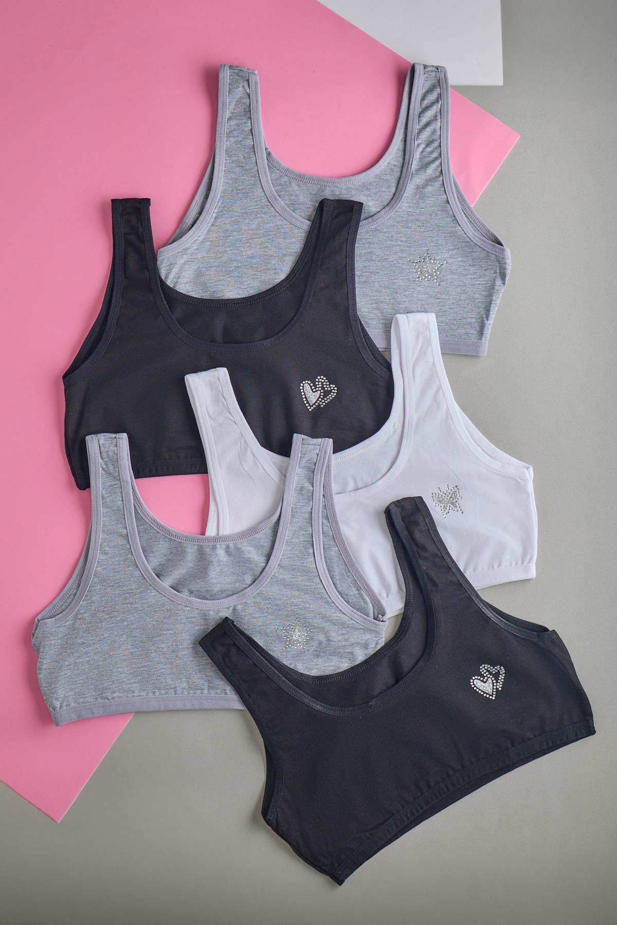 22403G4013 5 PCK KIZ ÇOCUK KALIN ASKILI SPORCU BÜSTİYER-103 Siyah/Beyaz