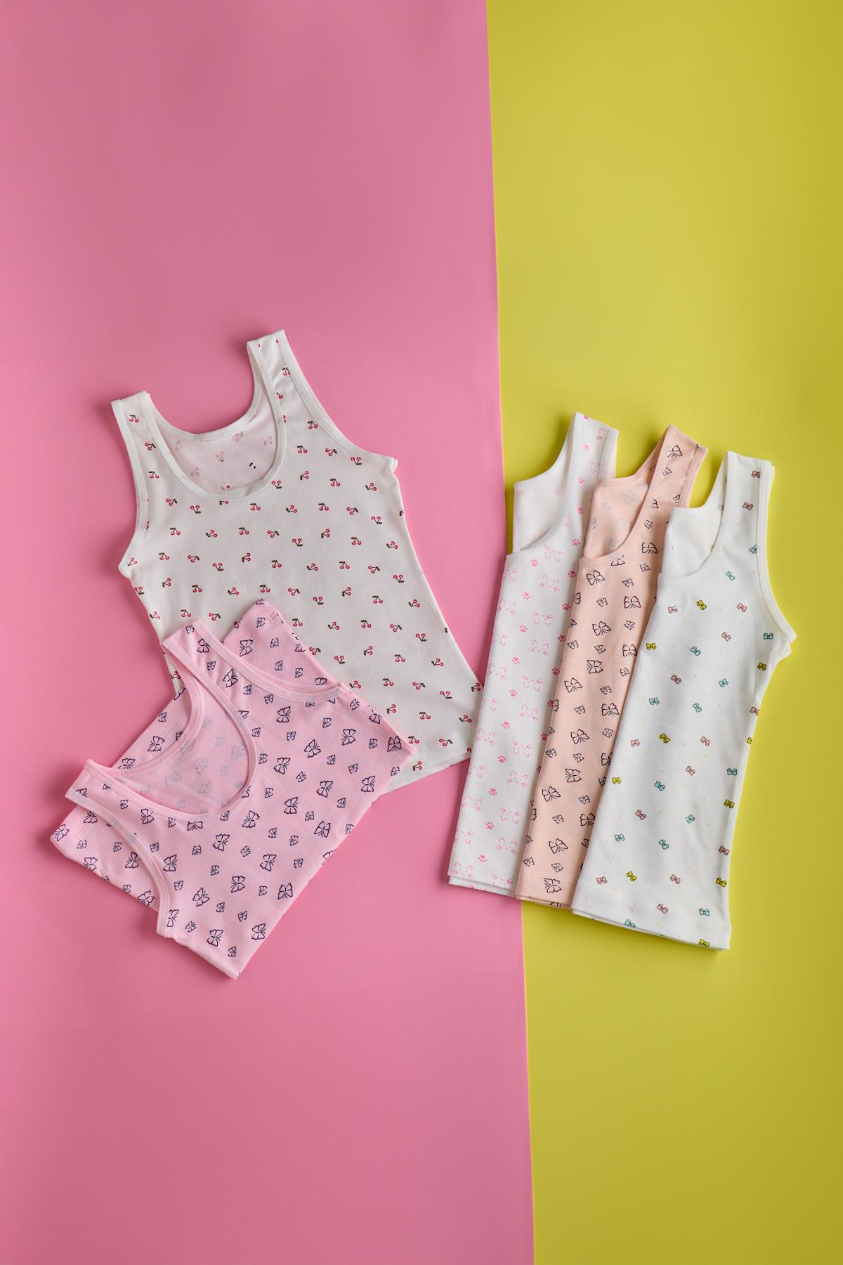 22403K2010 KIZ ÇOCUK 5  PCK KELEBEK DESENLİ KALIN ASKILI ATLET ÇOK RENKLİ