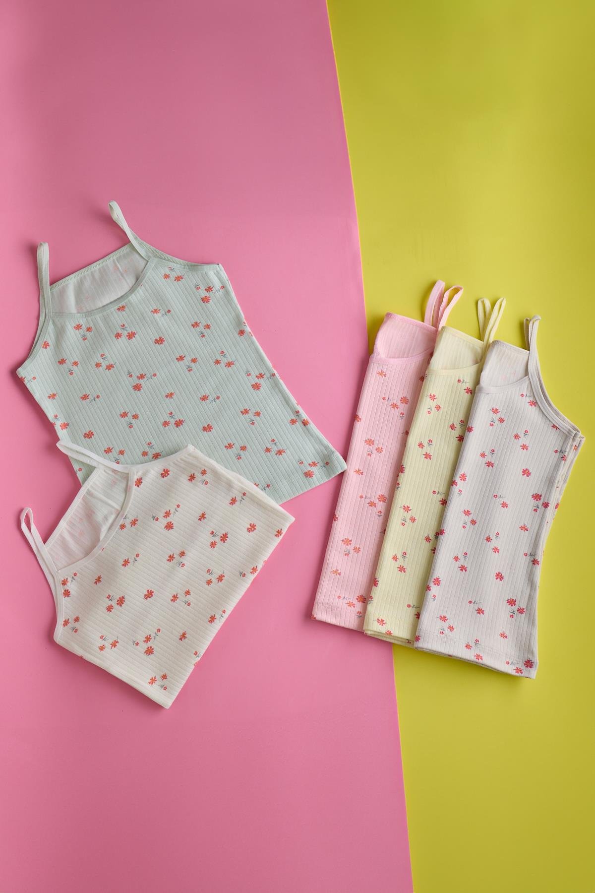 22403K2011 KIZ ÇOCUK 5 PCK RİBANALI İNCE ASKILI ATLET ÇOK RENKLİ