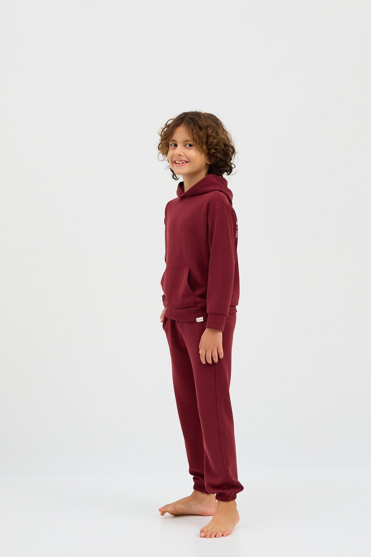 22410K2012 BASIC FLUFFY UNISEX ÇOCUK KAPUŞONLU SWEATSHIRT BORDO