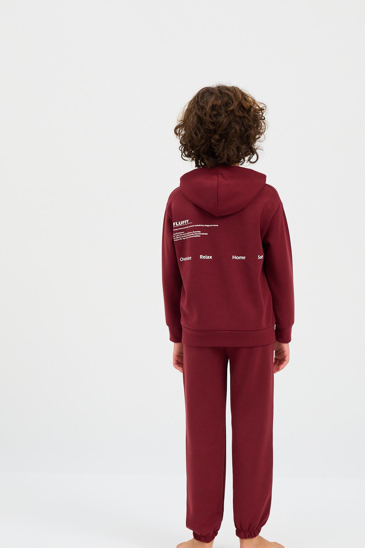 22410K2012 BASIC FLUFFY UNISEX ÇOCUK KAPUŞONLU SWEATSHIRT BORDO