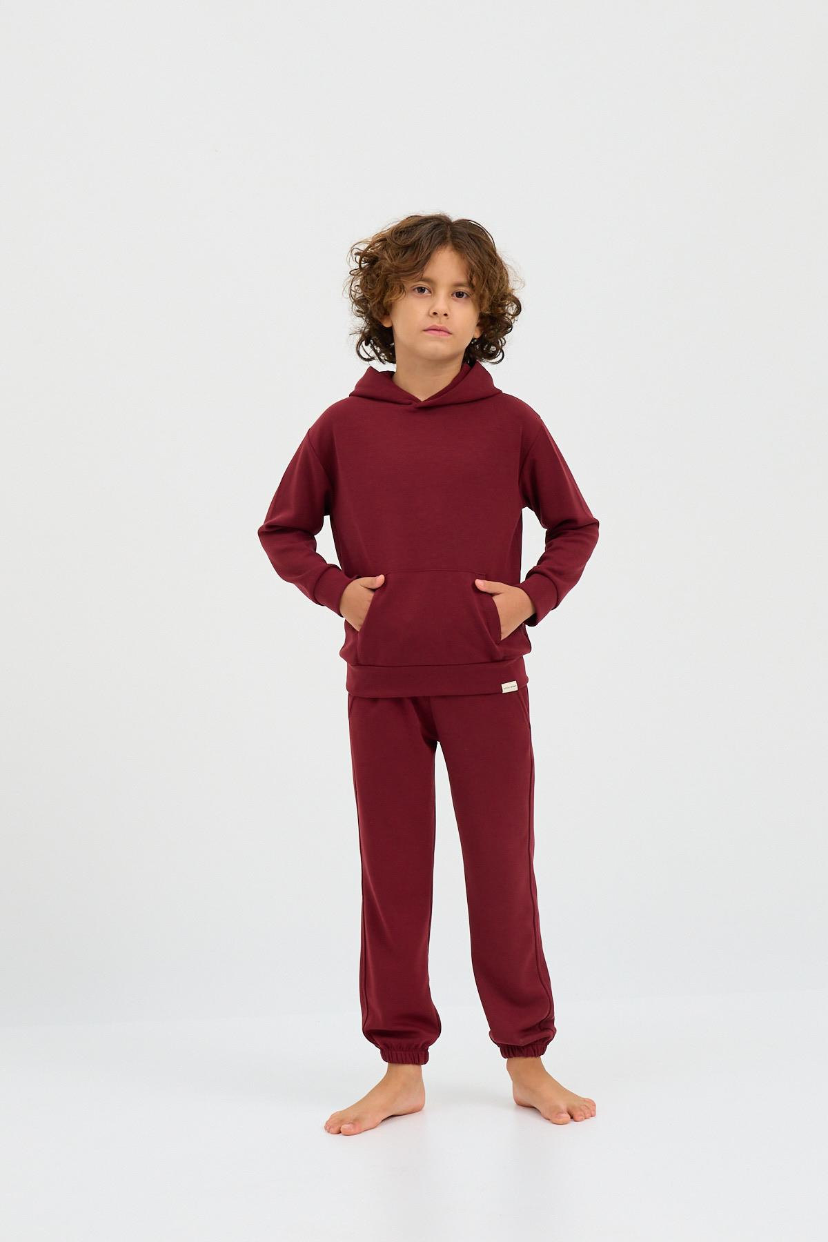 22410K2012 BASIC FLUFFY UNISEX ÇOCUK KAPUŞONLU SWEATSHIRT BORDO