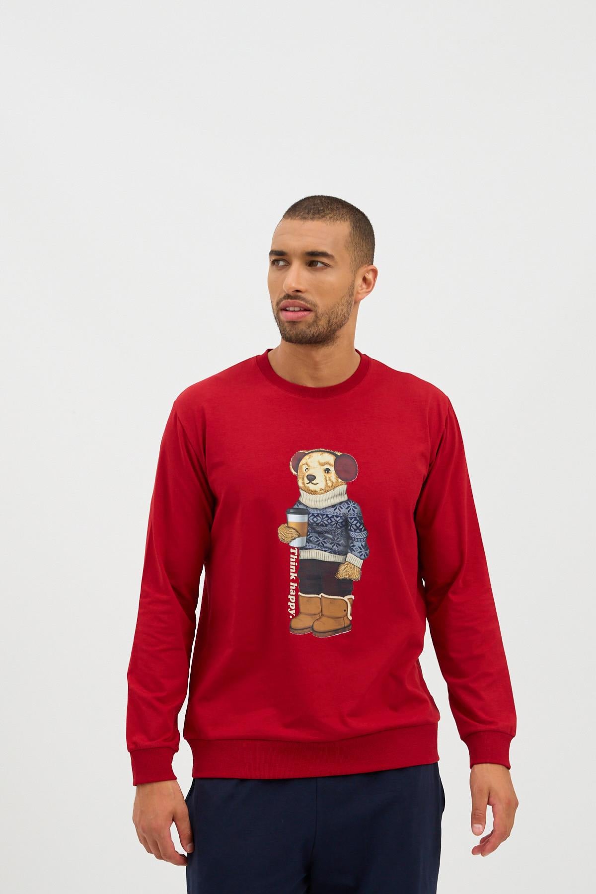 22412M4008 THINK HAPPY ERKEK PİJAMA TAKIMI BORDO/Lacivert