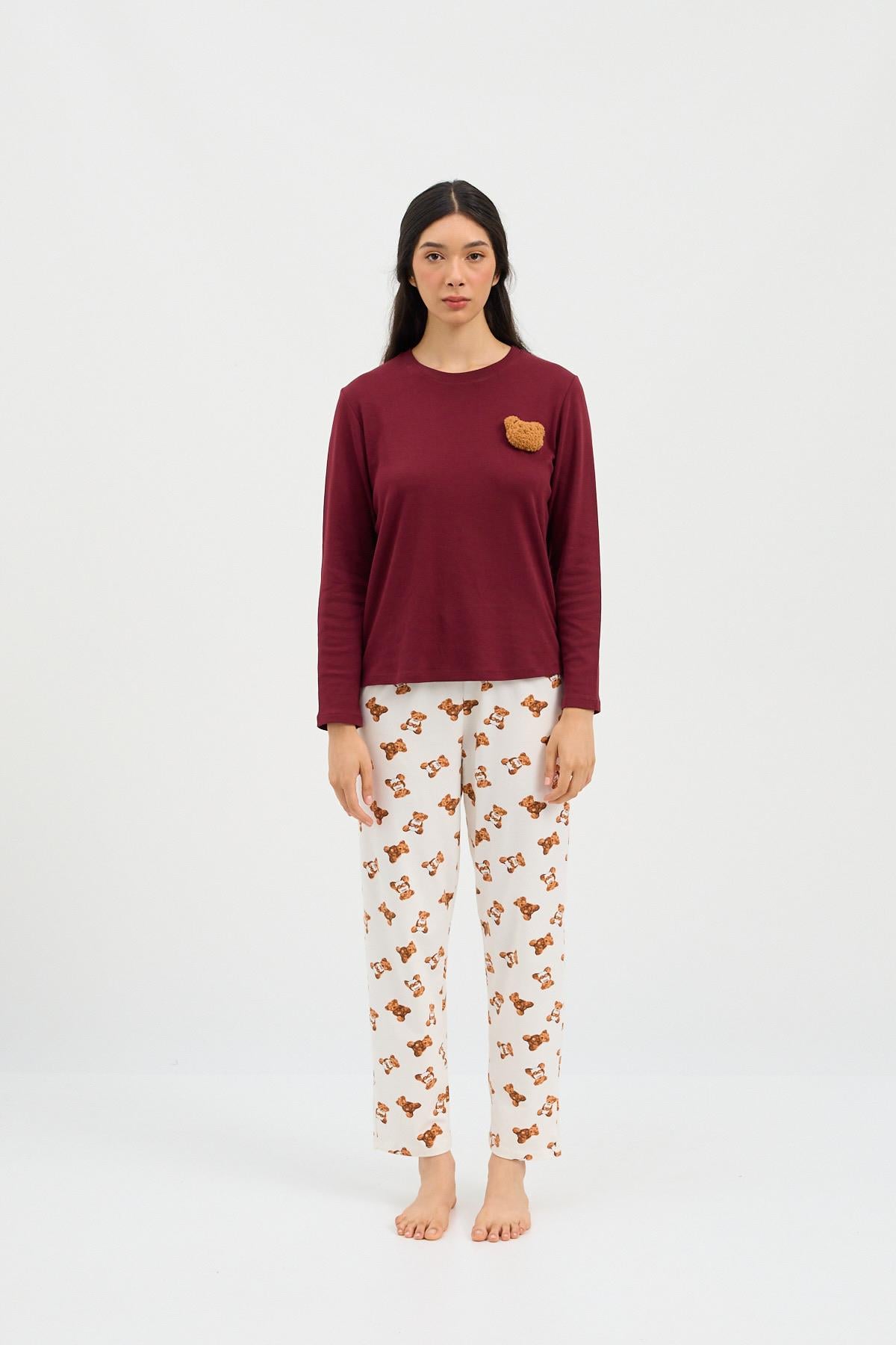 22412W3002 TEDDY KADIN PİJAMA TAKIMI EKRU-BORDO