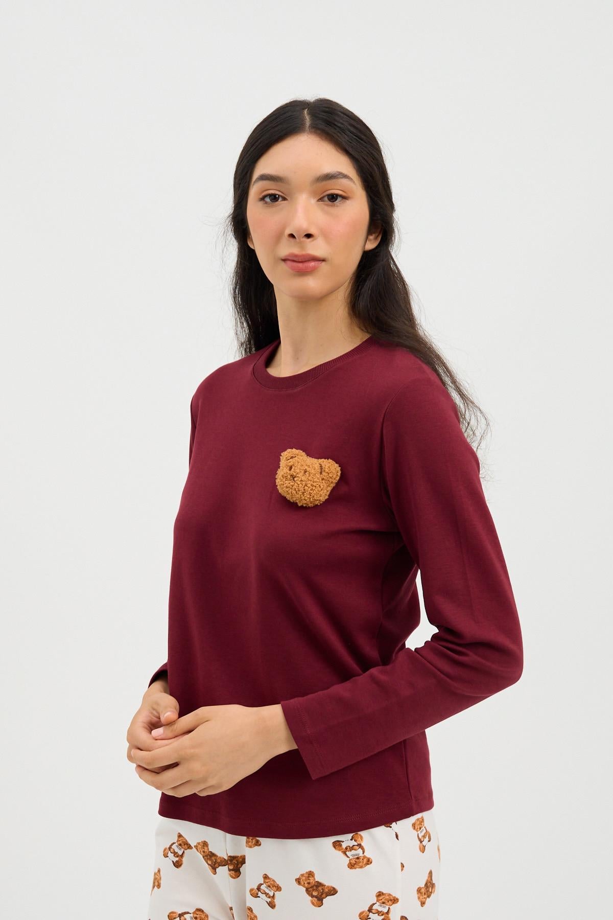 22412W3002 TEDDY KADIN PİJAMA TAKIMI EKRU-BORDO