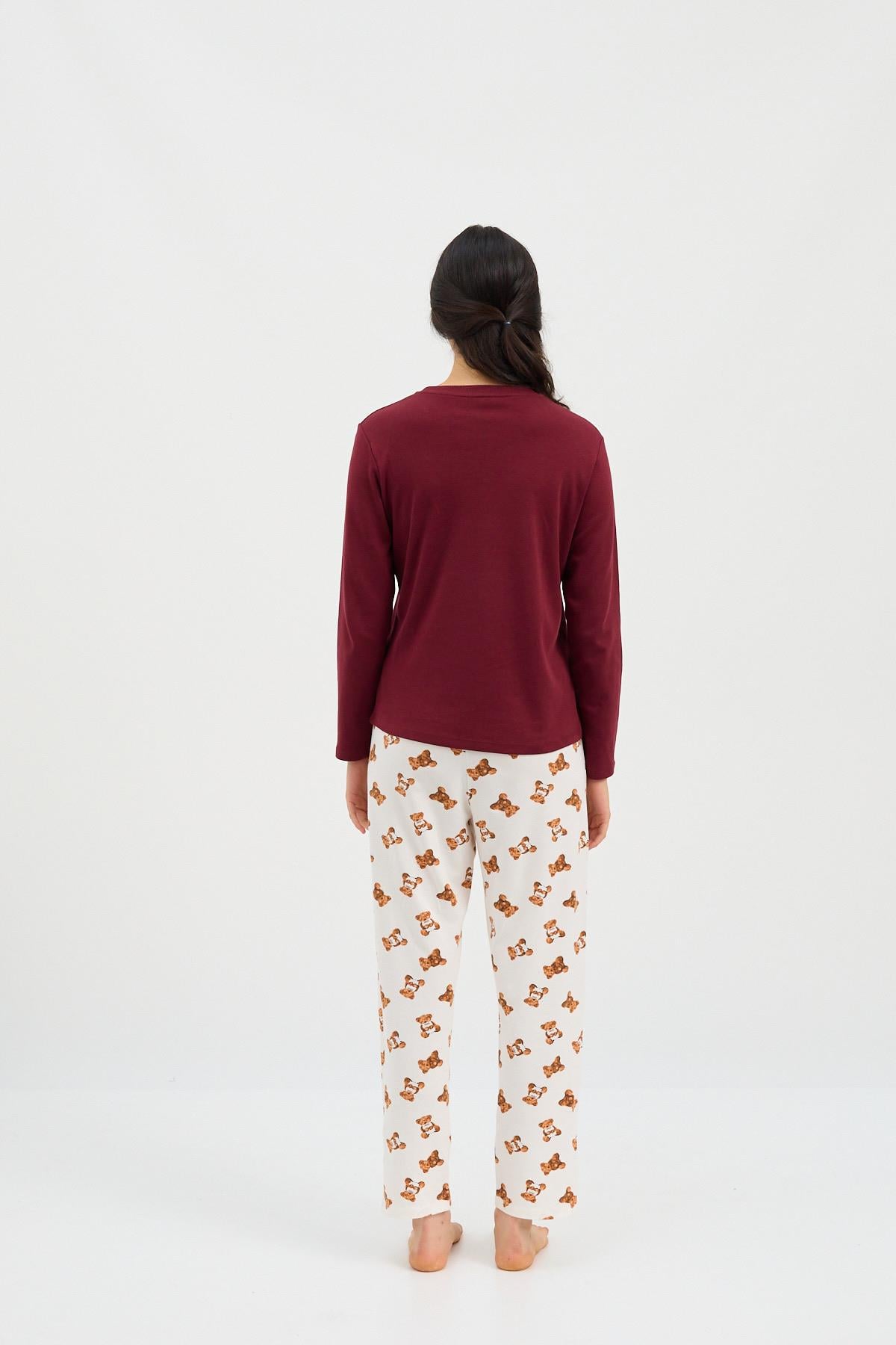 22412W3002 TEDDY KADIN PİJAMA TAKIMI EKRU-BORDO