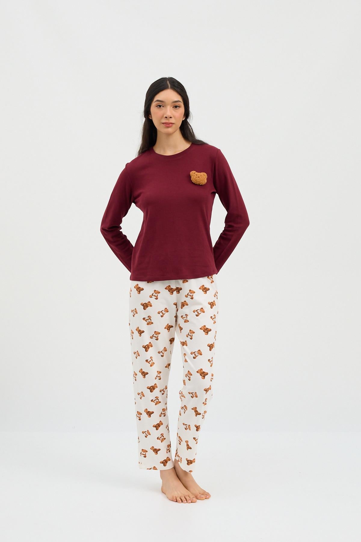 22412W3002 TEDDY KADIN PİJAMA TAKIMI EKRU-BORDO