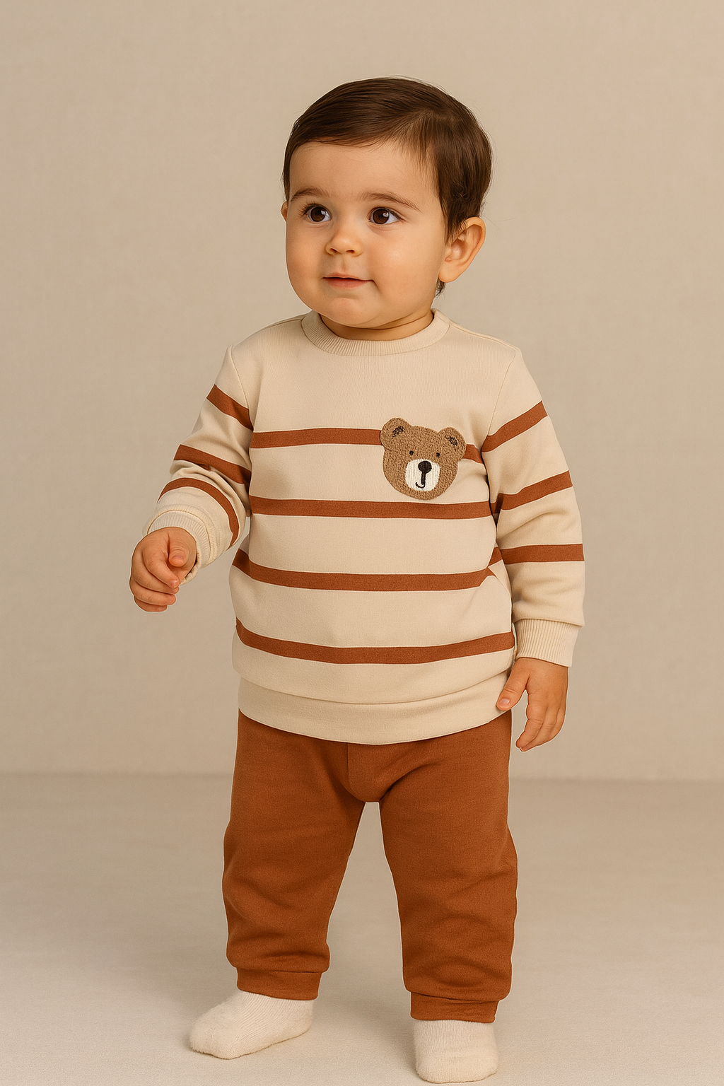 22512G1012 ÇİZGİLİ TEDDY BEBEK TULUM Kahverengi