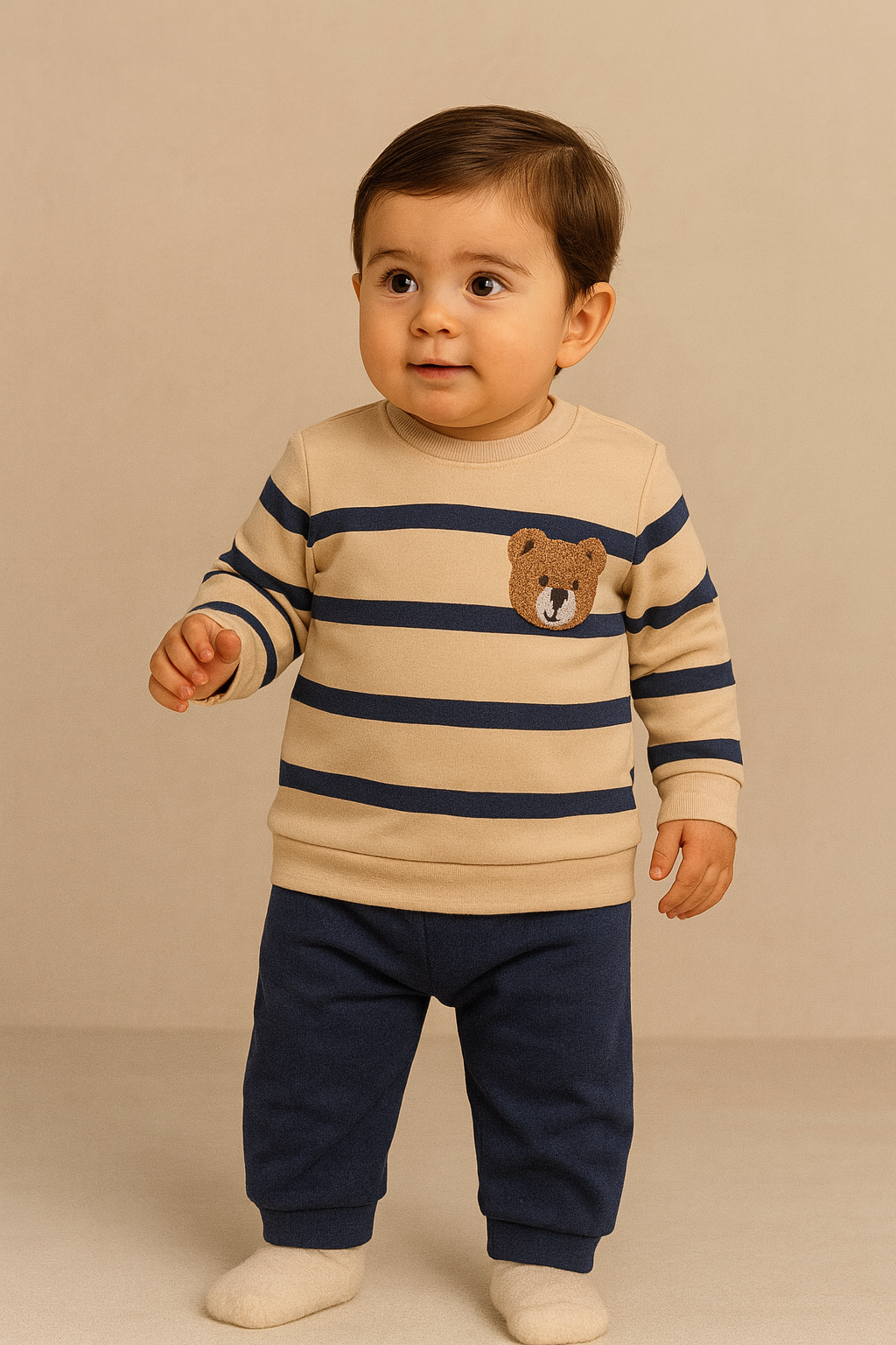 22512G1012 ÇİZGİLİ TEDDY BEBEK TULUM Lacivert