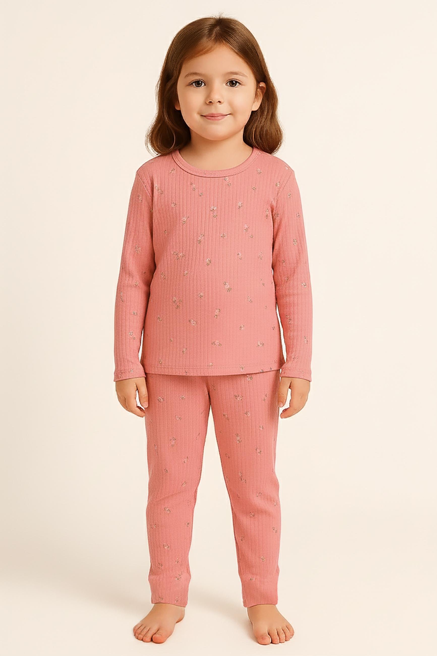 22512G2025 ÇİÇEK DESENLİ KIZ ÇOCUK PİJAMA TAKIM Koyu Pembe