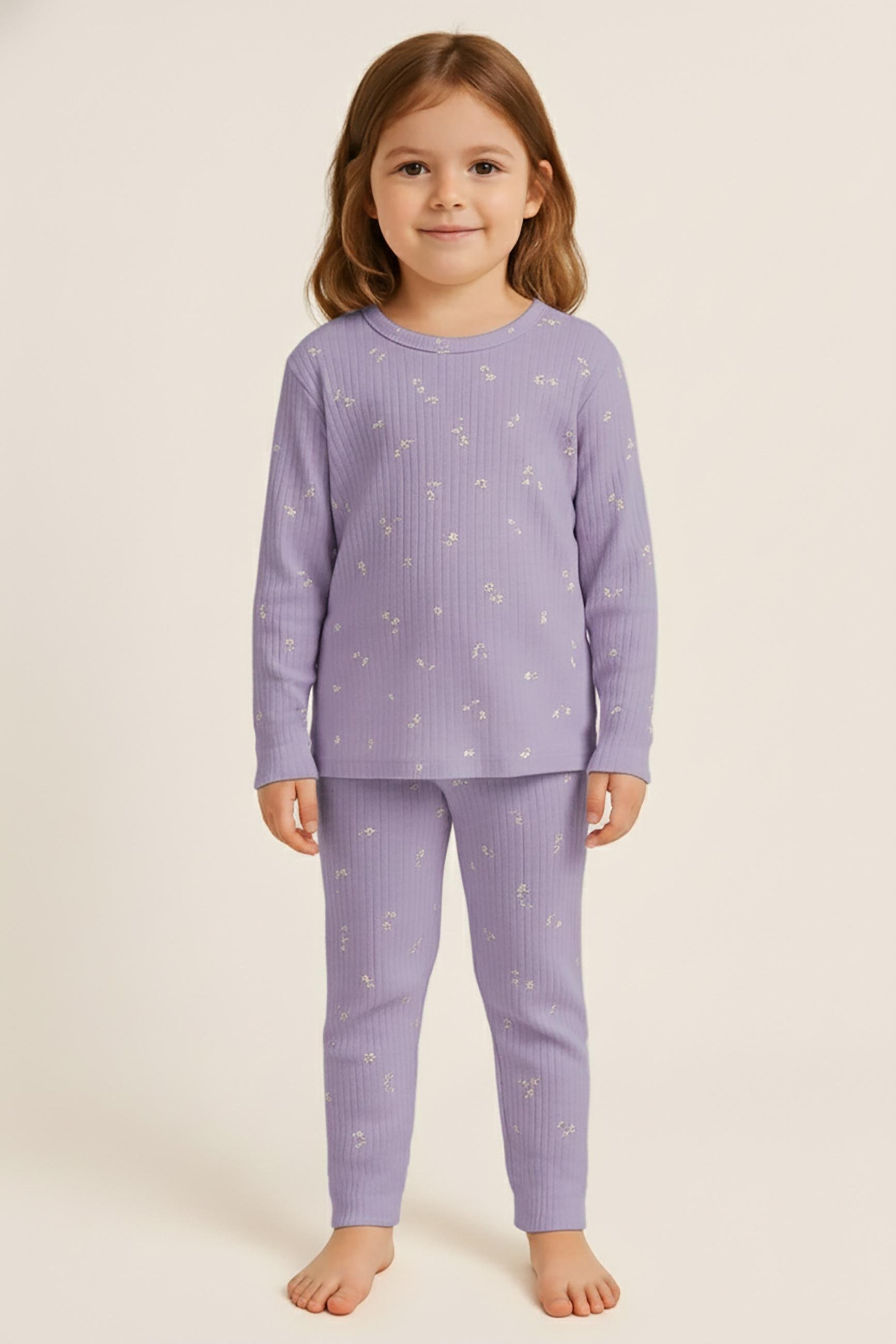 22512G2025 ÇİÇEK DESENLİ KIZ ÇOCUK PİJAMA TAKIM Mor