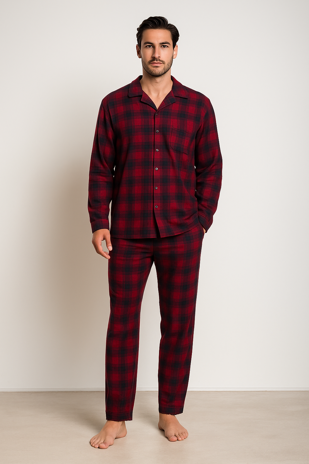 22512G4011 EKOSELİ DÜĞMELİ ERKEK PİJAMA TAKIM - 503143 Bordo