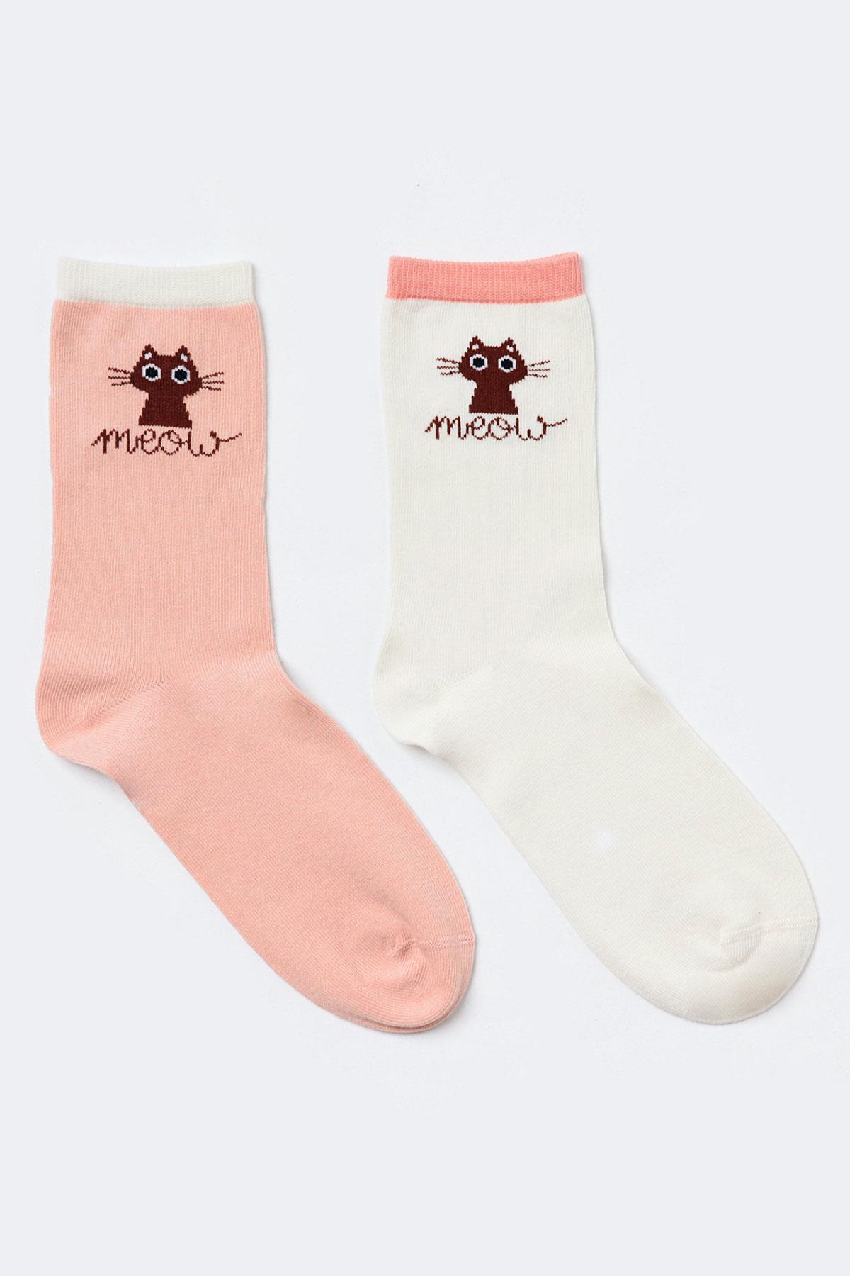 2'li Paket Meow Kadın Soket Çorap ECRU-ROSE PINK