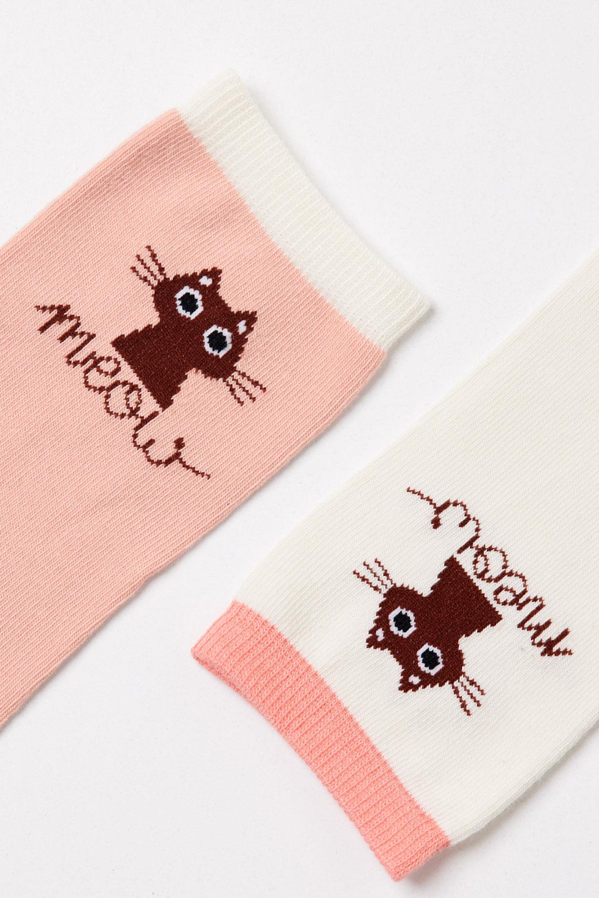 2'li Paket Meow Kadın Soket Çorap ECRU-ROSE PINK