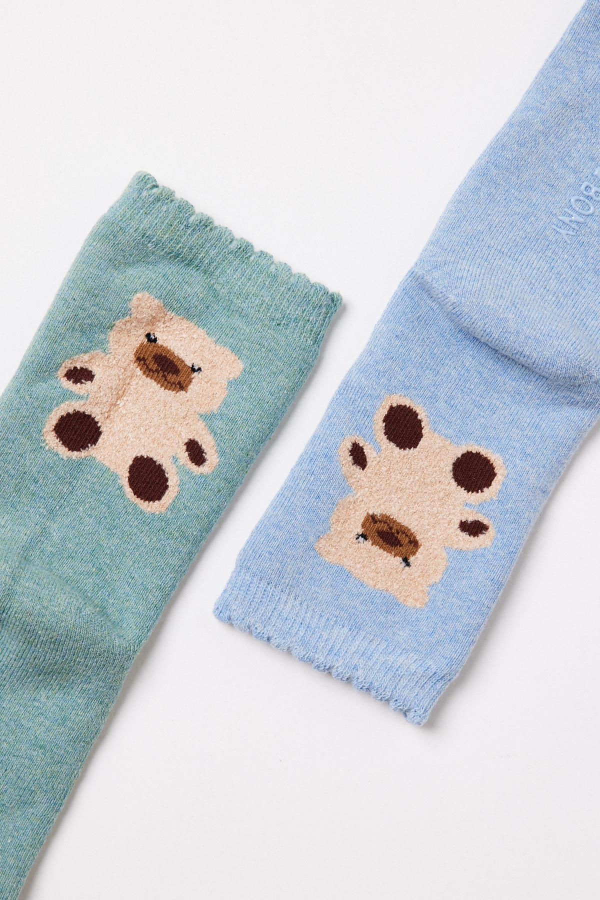 2'li Paket Teddy Bebek Havlu Soket Çorap Yeşil/MAVİ