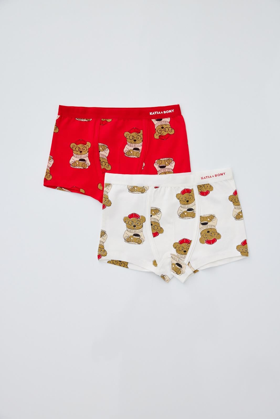 2'li Paket Teddy Erkek Çocuk Boxer Kırmızı/Ekru
