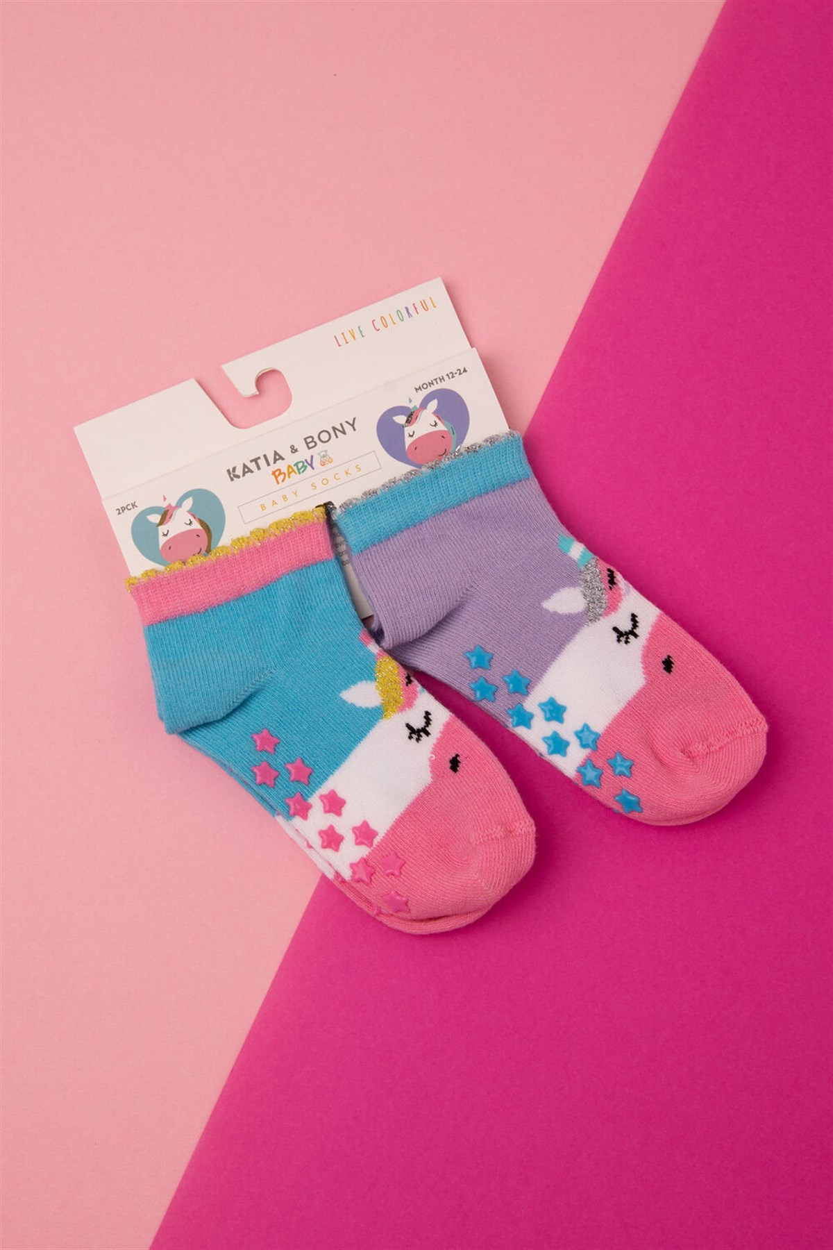 2'Li Paket Unicorn Desenli Kısa Bebek Çorap-