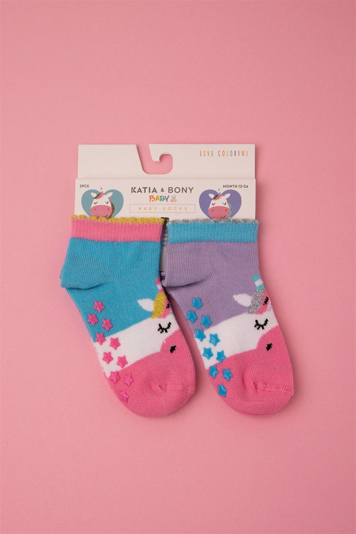 2'Li Paket Unicorn Desenli Kısa Bebek Çorap-