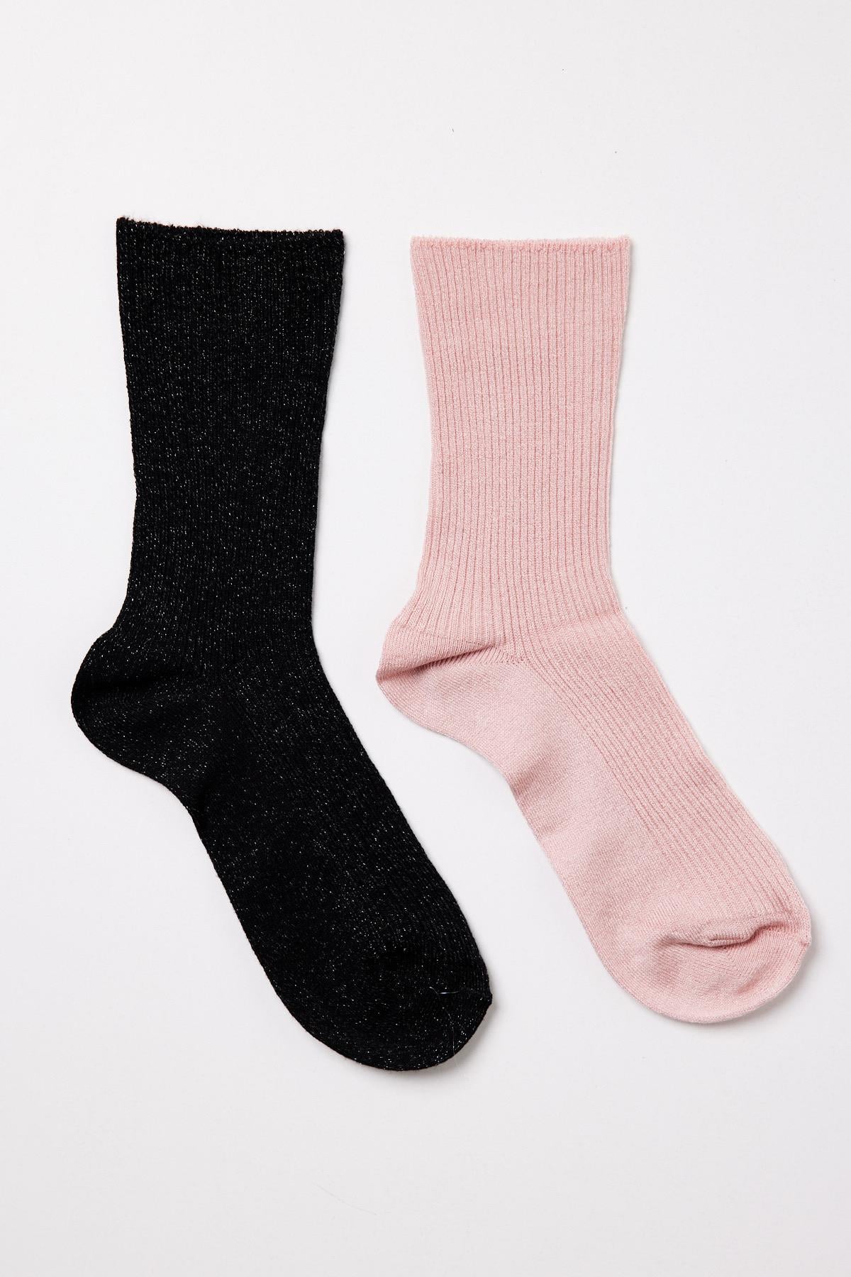 2'li Paket Viskon Kadın Soket Çorap Siyah/Pembe