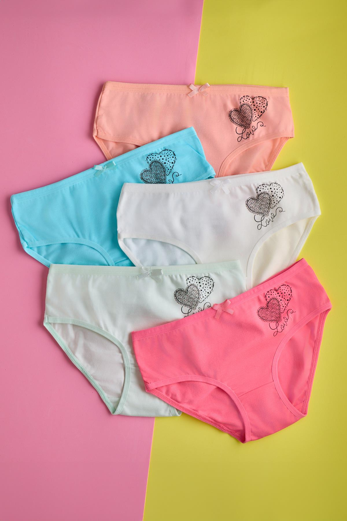 3257 KIZ ÇOCUK 5 PCK  RENKLİ SLİP KÜLOT-KALPLER ÇOK RENKLİ