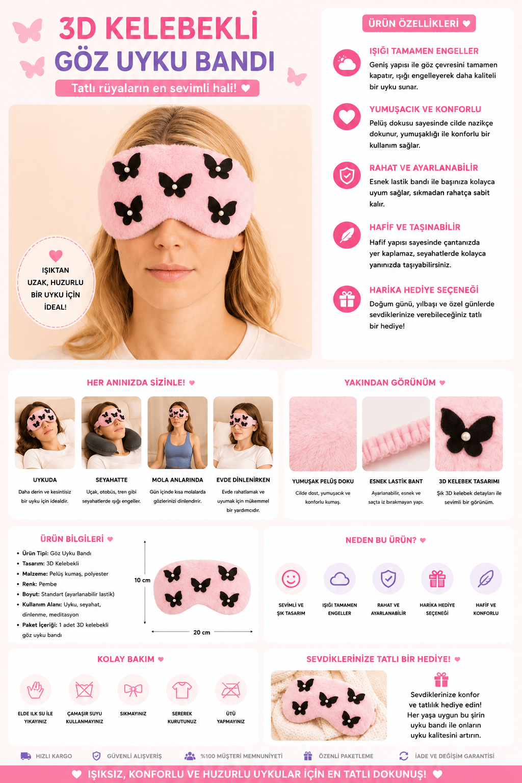 3D Kelebekli Göz Uyku Bandı Pembe