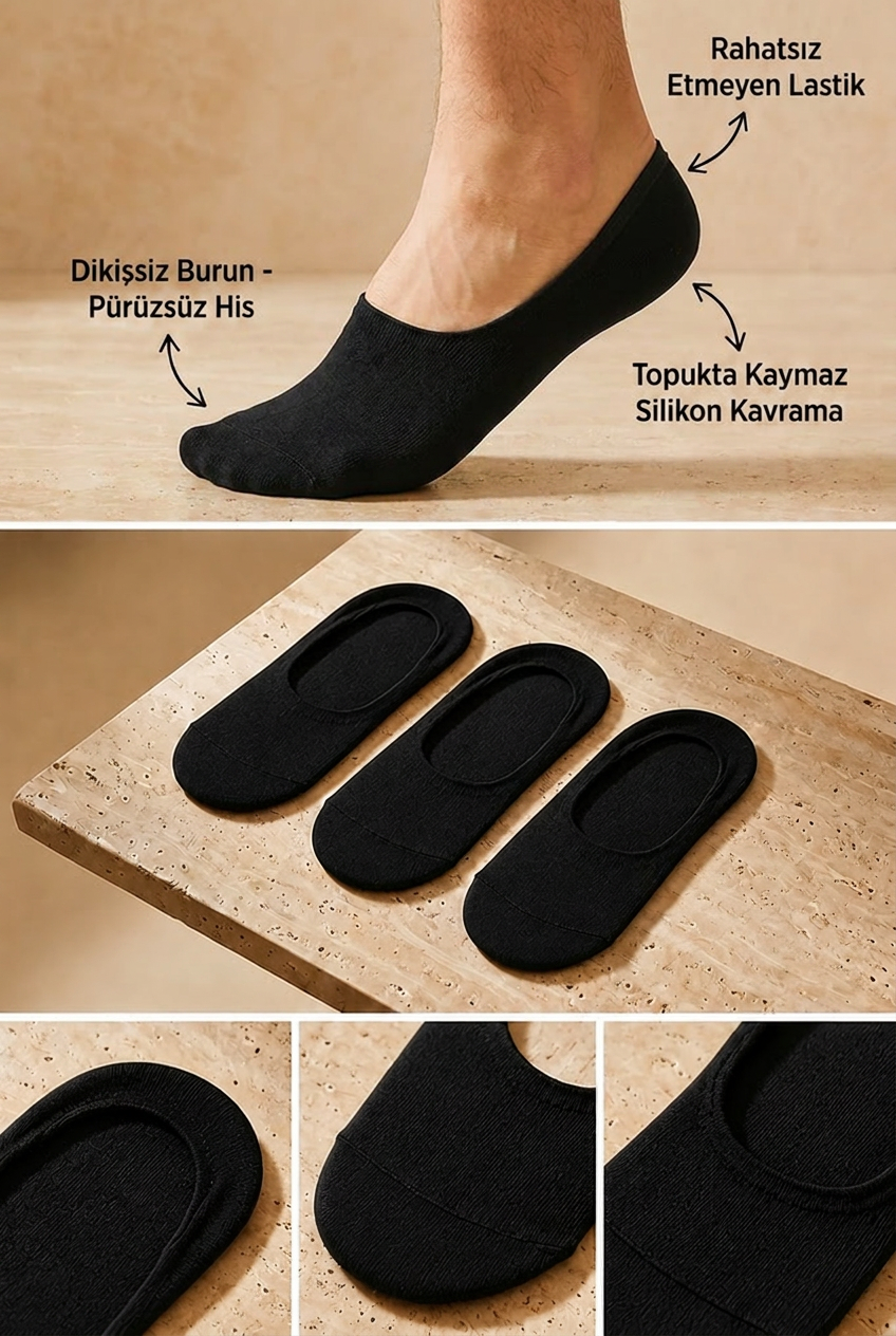 3'lü Paket Basic Erkek Görünmez Çorap Siyah/Siyah/Siyah