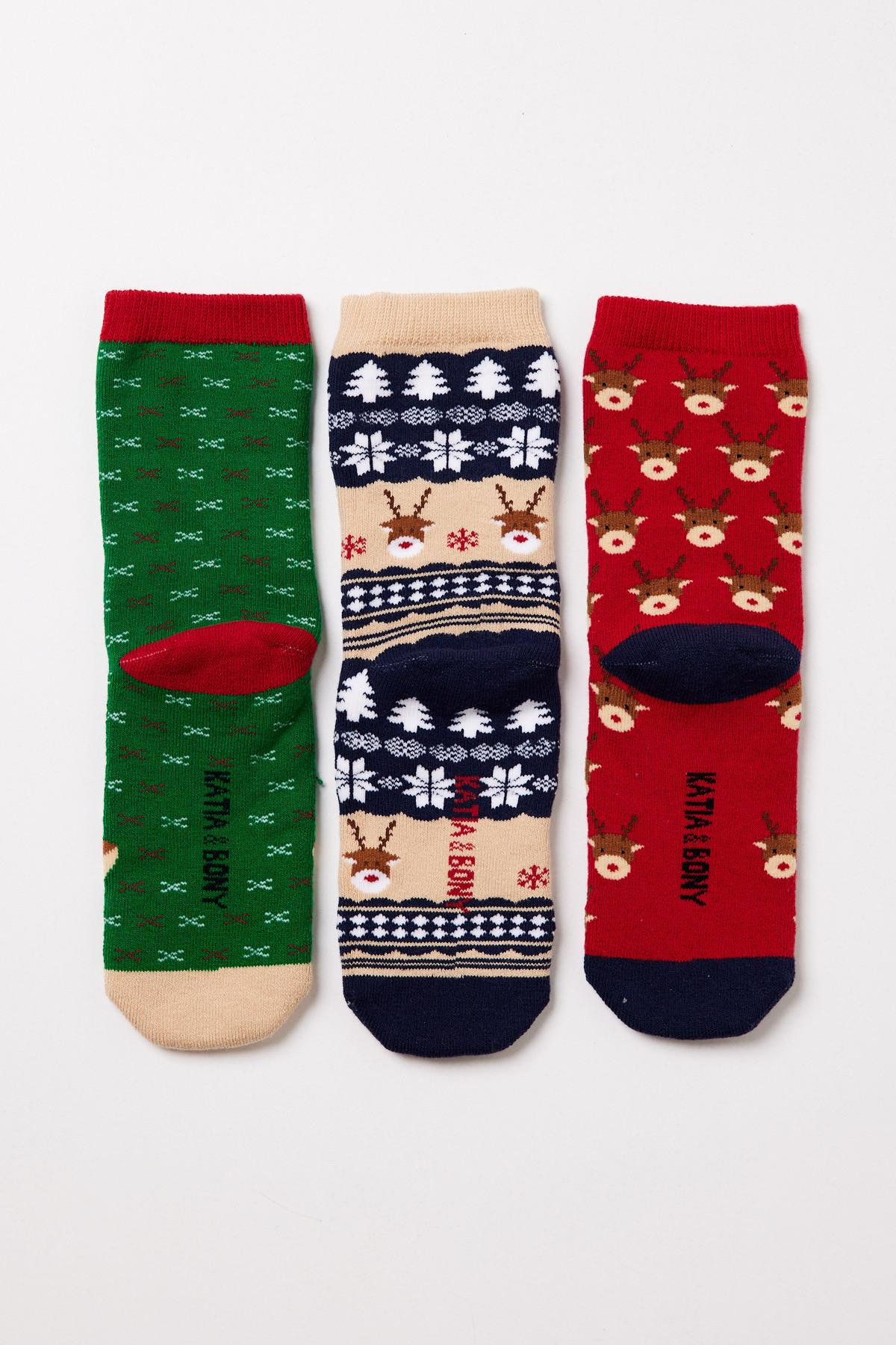 3'lü Paket Deer Kutu Çocuk Soket Çorap Kırmızı