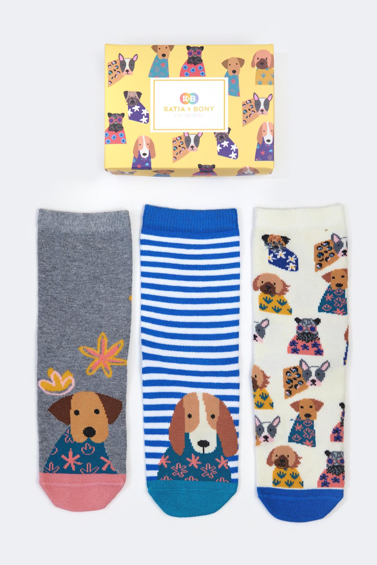 3'lü Paket Dogs Kutu Çocuk Soket Çorap Desenli