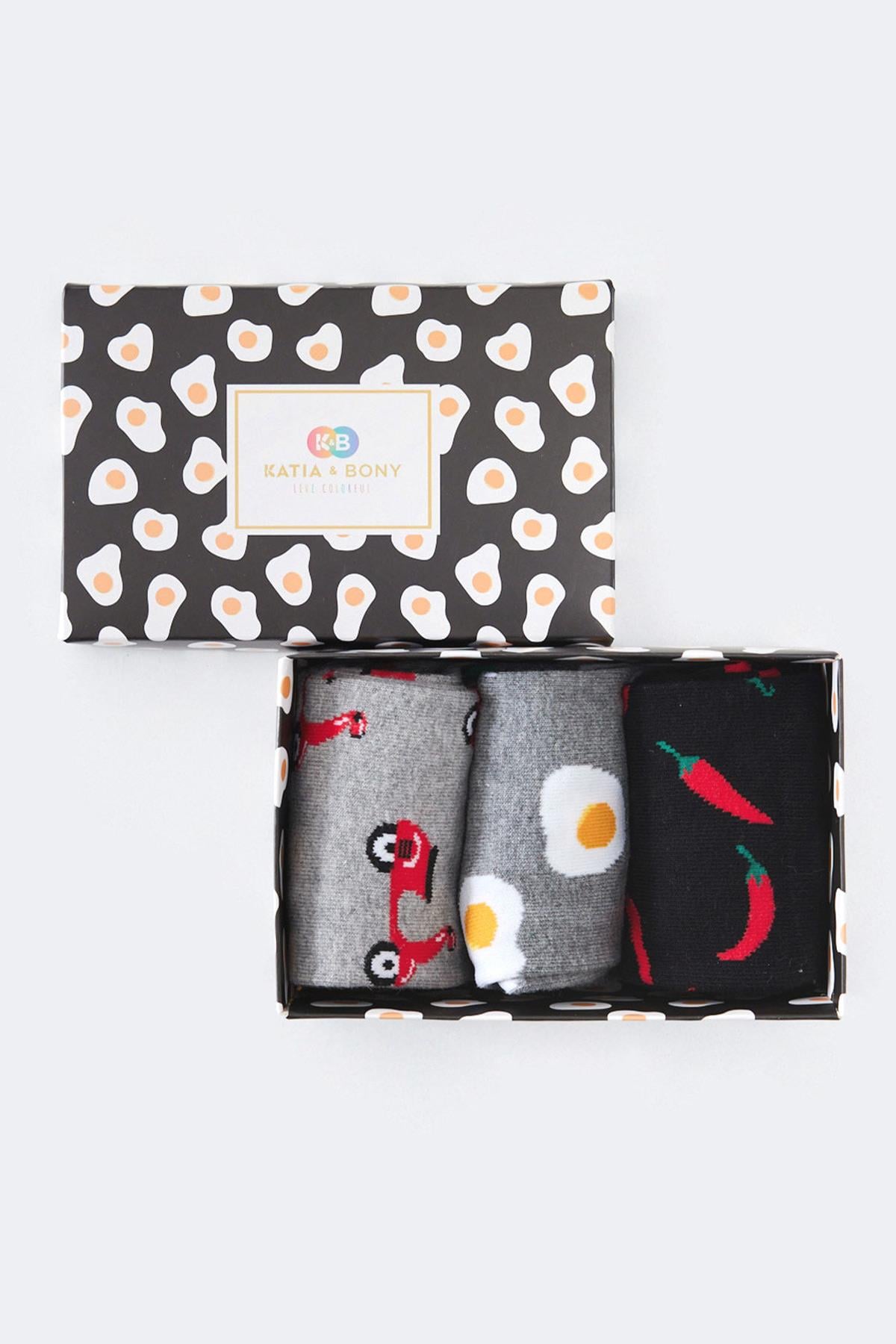 3'lü Paket Eggs Kutu Soket Çorap Desenli