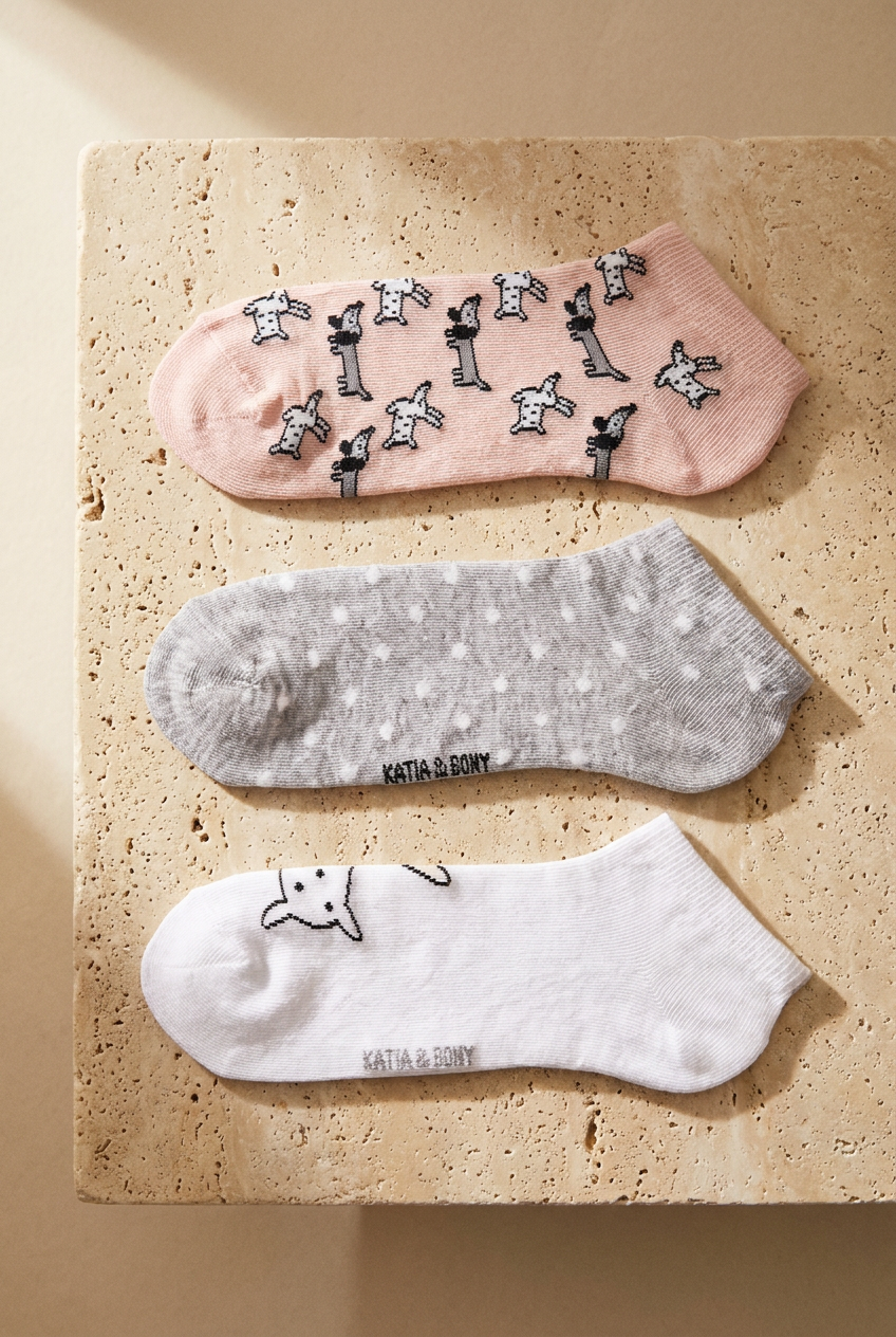 3'lü Paket Kadın Köpek Desenli Step Çorap