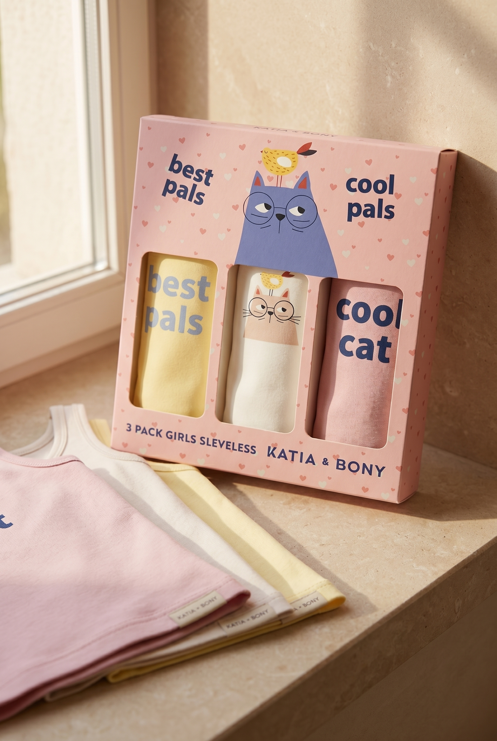 3'lü Paket Kedili Kız Çocuk Kutulu Atlet Pembe