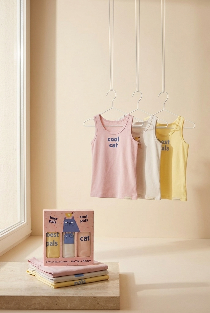 3'lü Paket Kedili Kız Çocuk Kutulu Atlet Pembe
