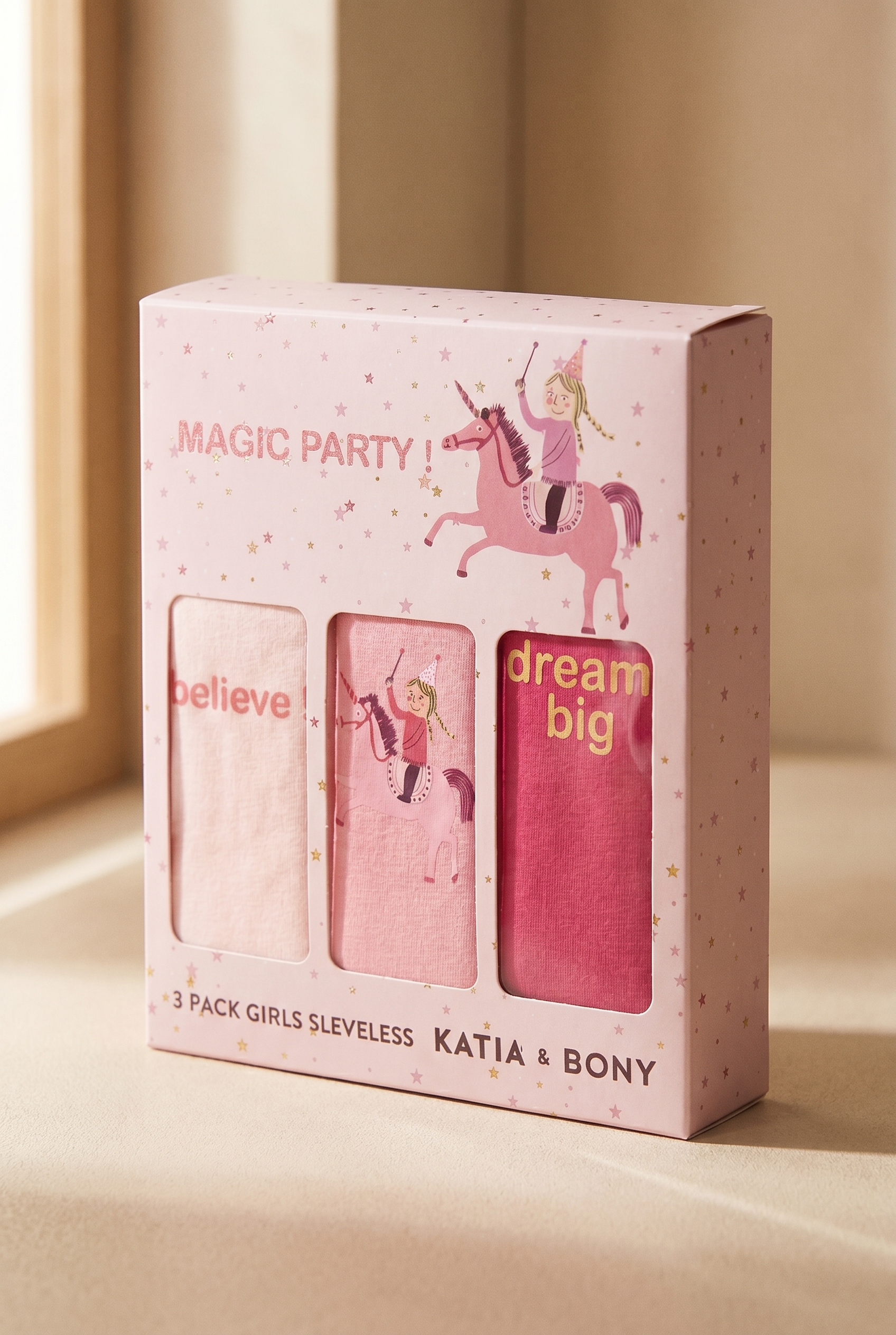 3'lü Paket Unicorn Kız Çocuk Kutulu Atlet Pembe