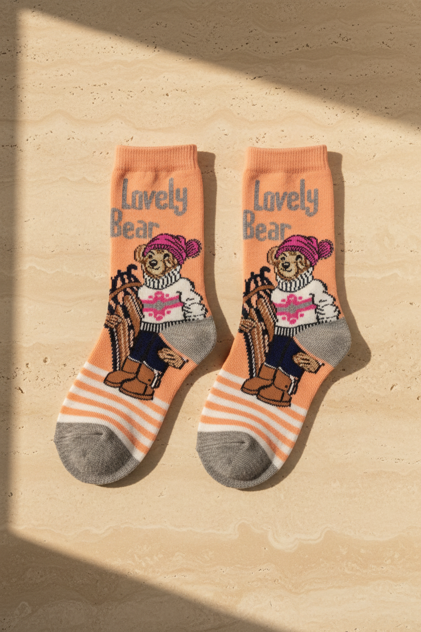 4 lü Paket Lovely Bear Kız Çocuk Soket Çorap Desenli